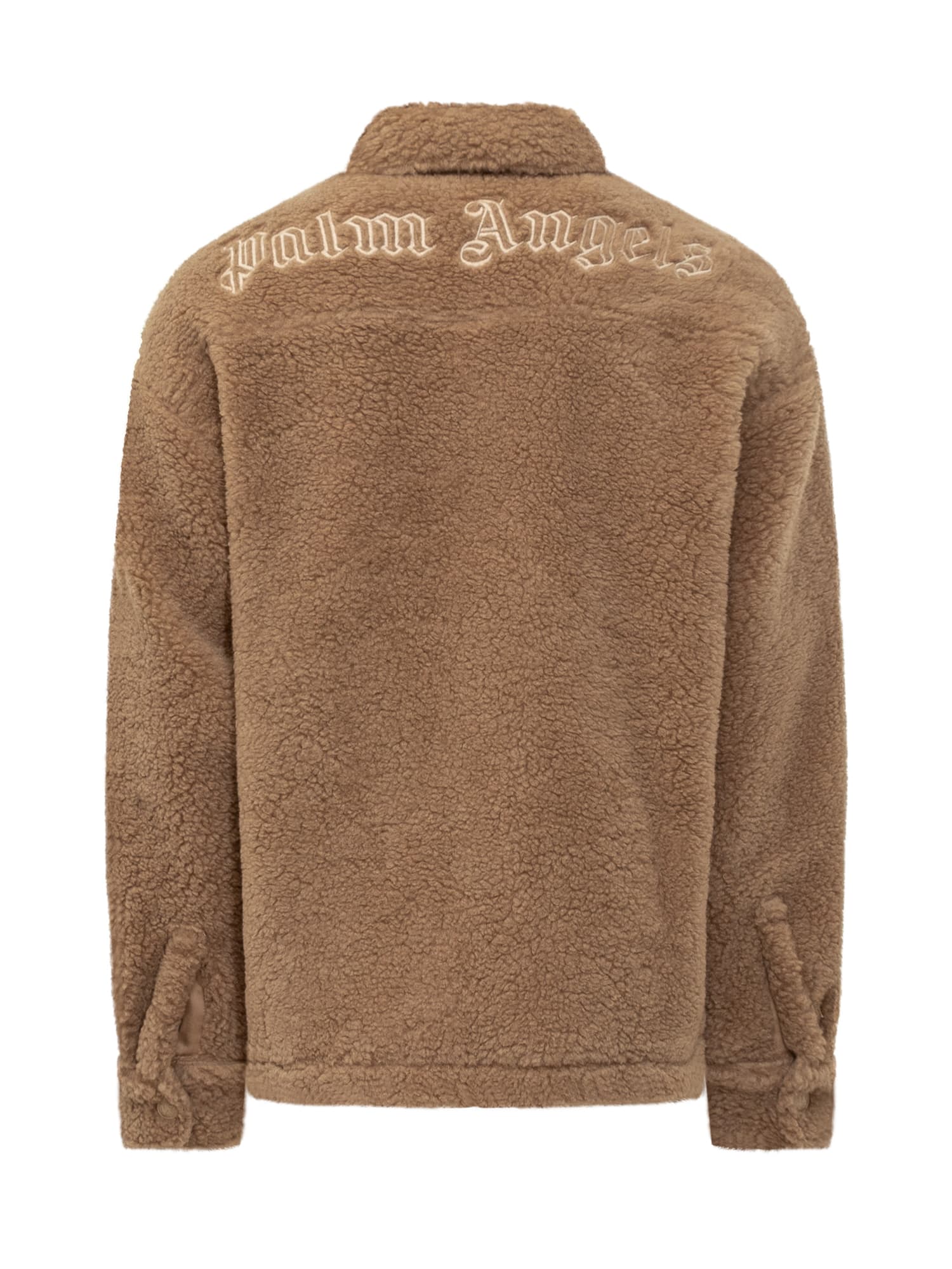 Shop Palm Angels Teddy Effect Jacket With Logo In Camel