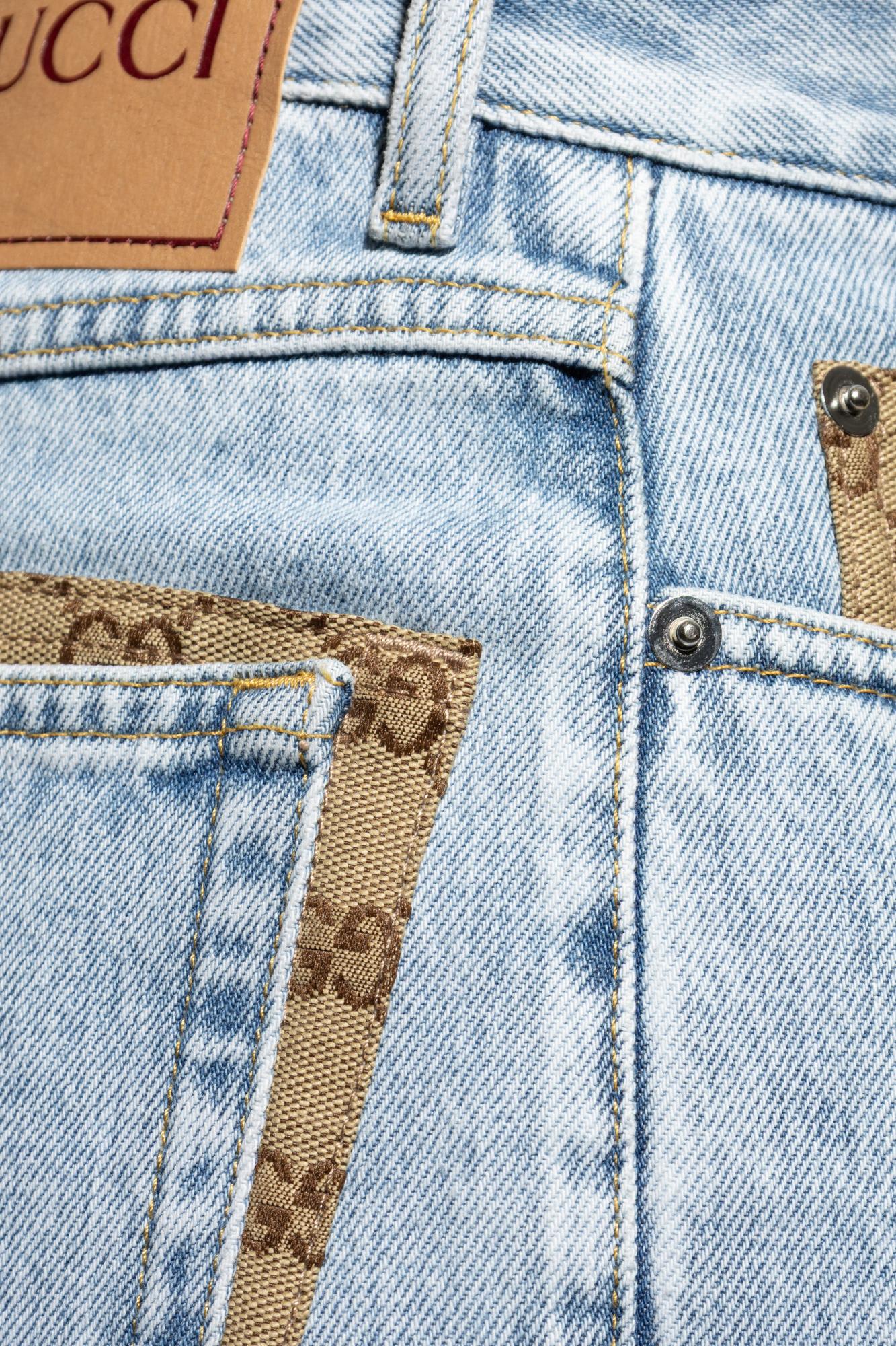 Gucci Men Light Blue Jeans With Gg Detail On The Pocket And Logo Patch On The Rear In Denim Man In Blue