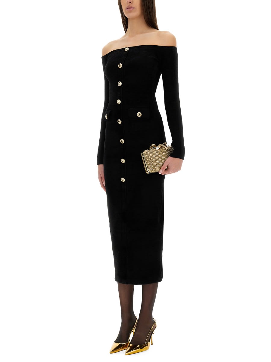 Self-portrait Off-the-shoulder Button-embellished Chenille Midi Dress In Black