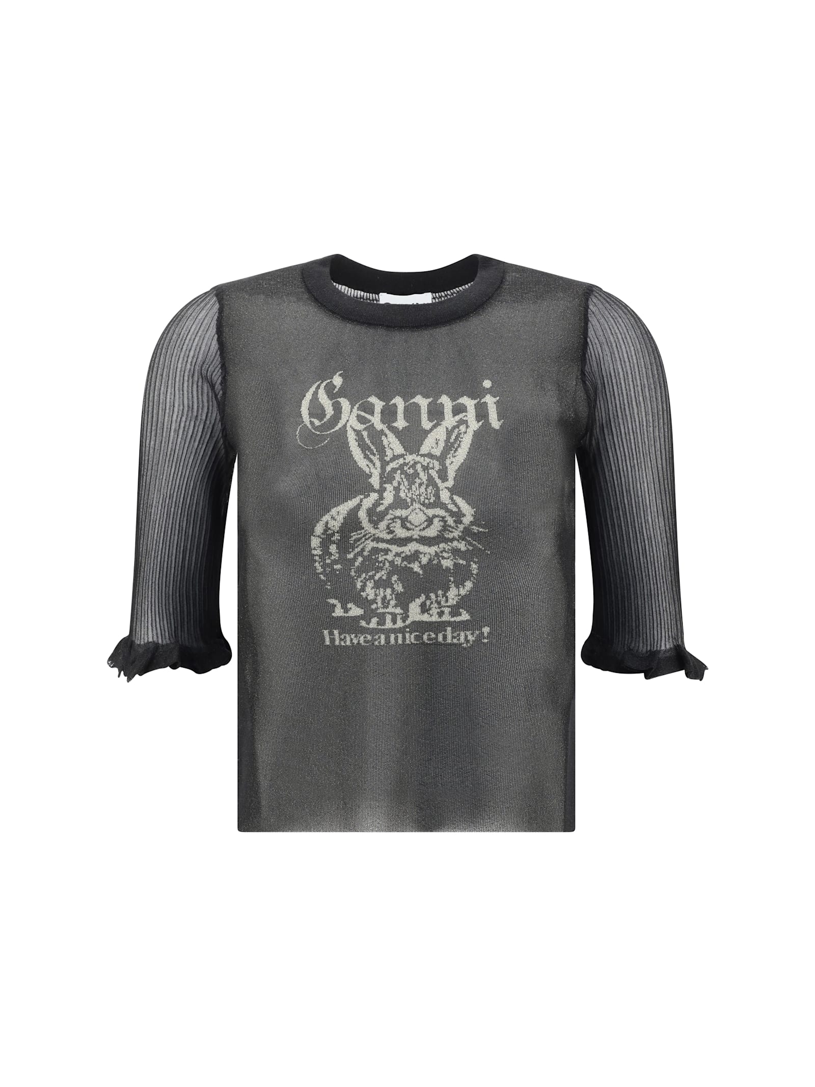 Ganni Transparent Jacquard Top With Playful Graphic In Black