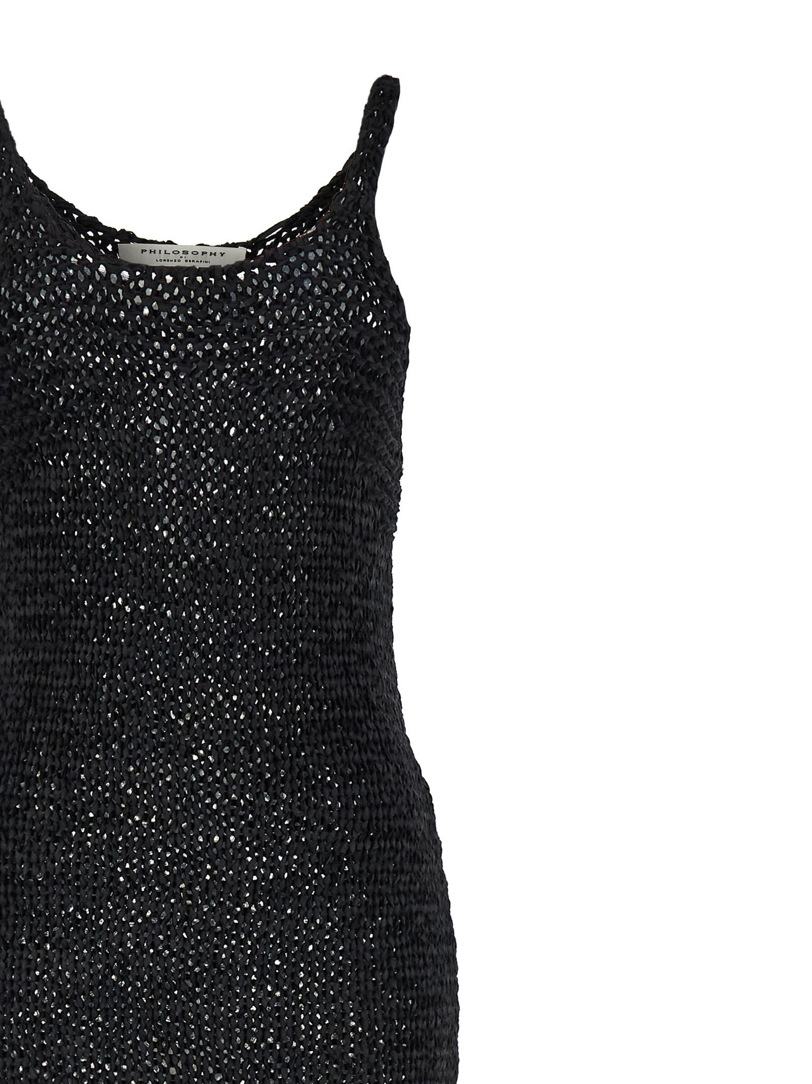Philosophy Di Lorenzo Serafini Black Long Dress With U-neck And Long Fringes Applied To The Edges In Fabric Woman