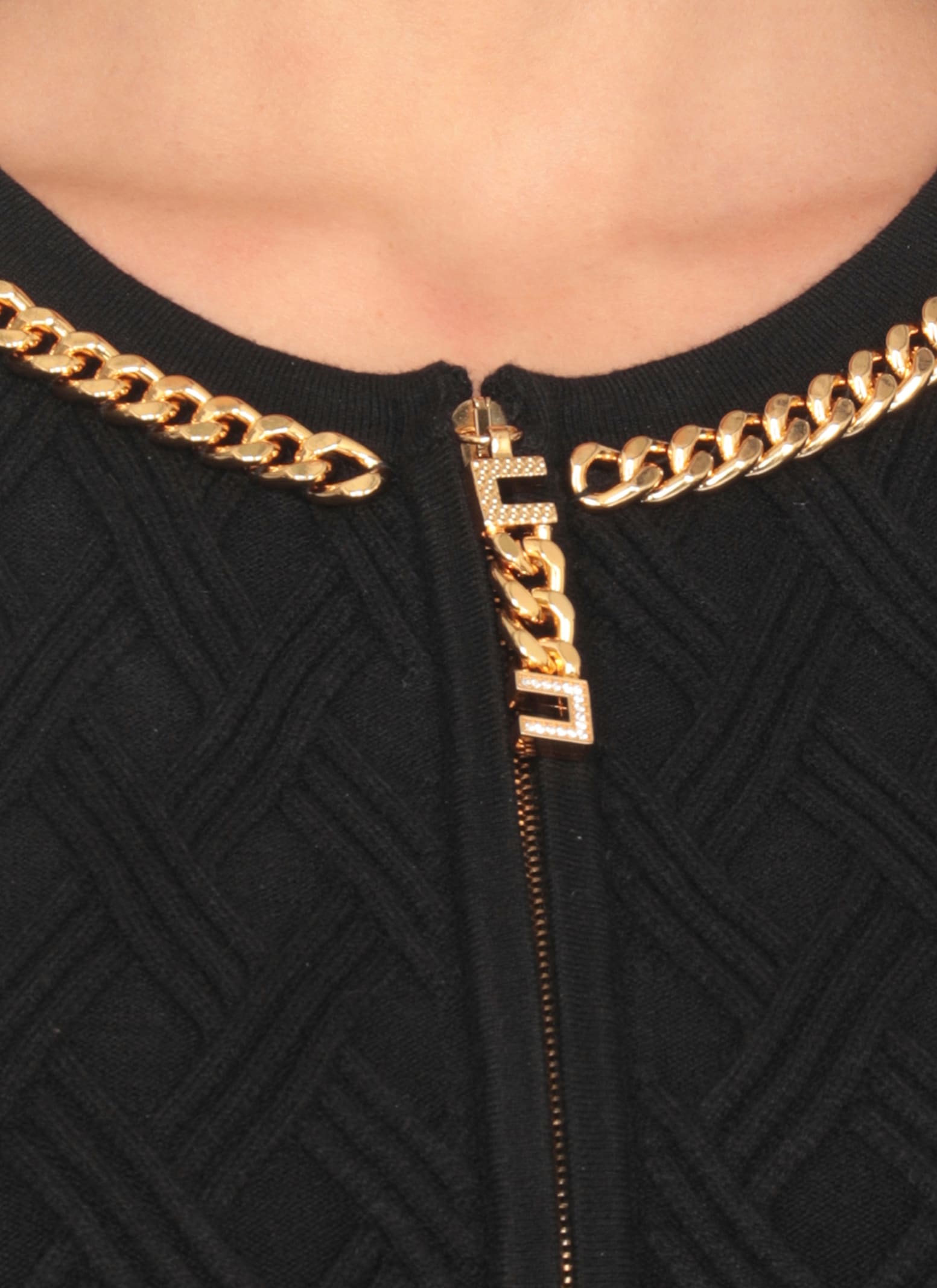 Elisabetta Franchi Mini Dress In Diamond Knit With Black Jewel Detail In Black