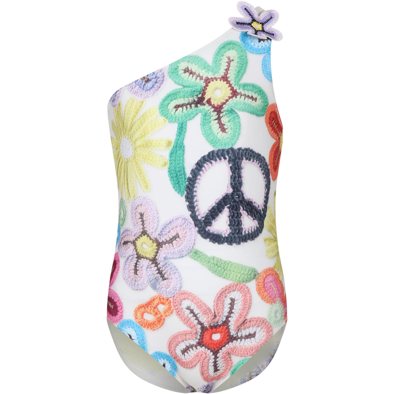 Molo Kids' Ivory Swimsuit For Girl With Flowers Print In Multicolor