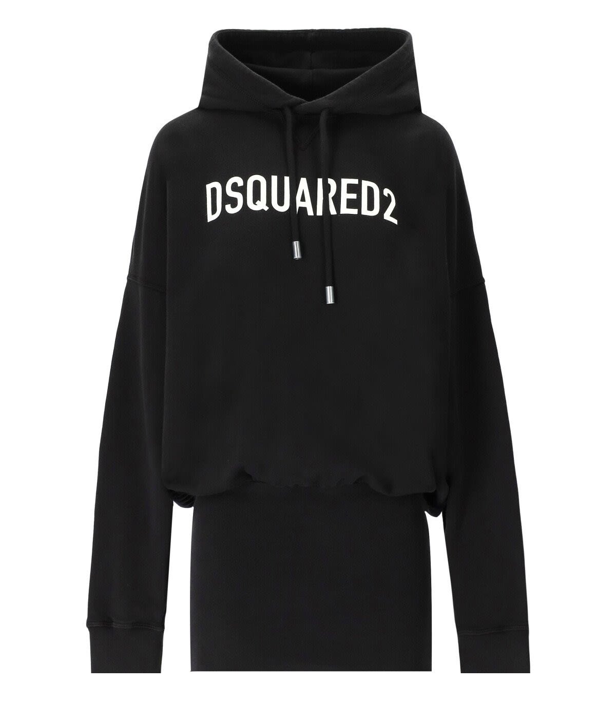 Dsquared2 Logo Printed Drawstring Hooded Dress In Nero