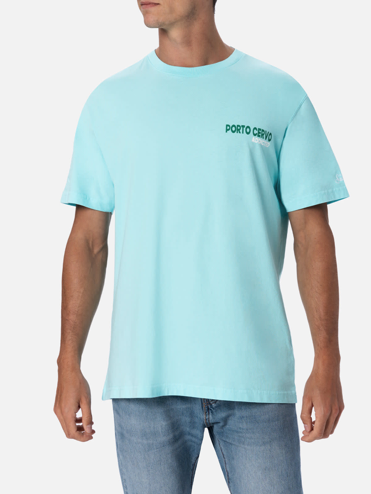 Shop Mc2 Saint Barth Man Cotton T-shirt With Porto Cervo Addicted Postcard Placed Print In Green