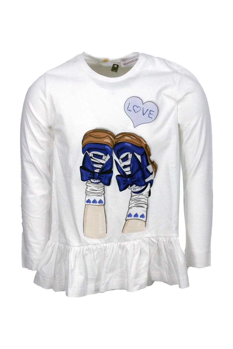 Shop Monnalisa Long-sleeved Crew Neck T-shirt With Sneackers Print In White