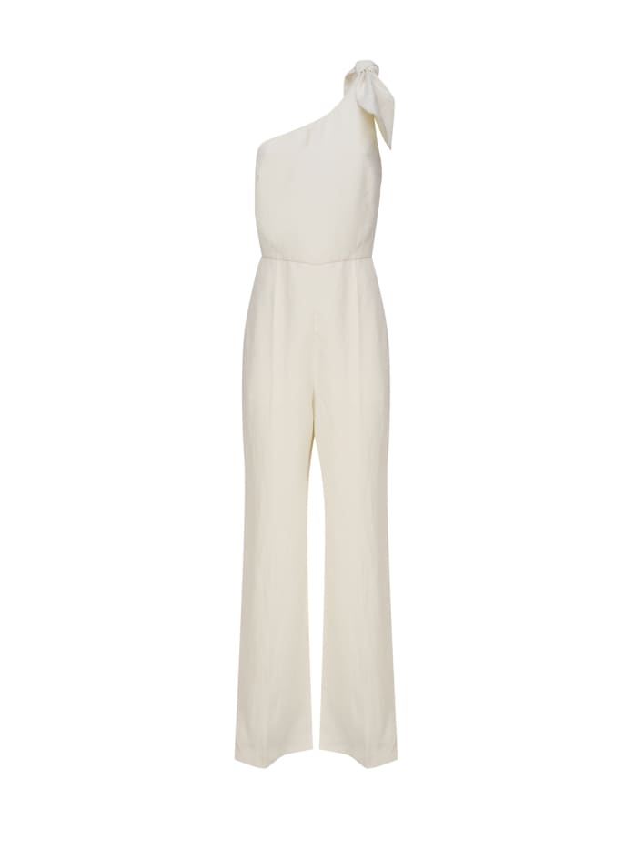 Shop Chloé One-shoulder Linen Canvas Jumpsuit With Decorative Bow In Coconut Milk