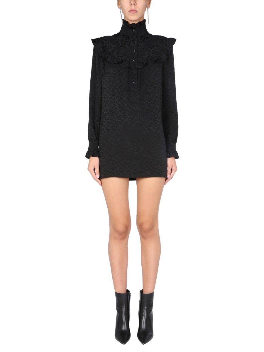 Shop Saint Laurent High Neck Long-sleeved Mini Dress In Black