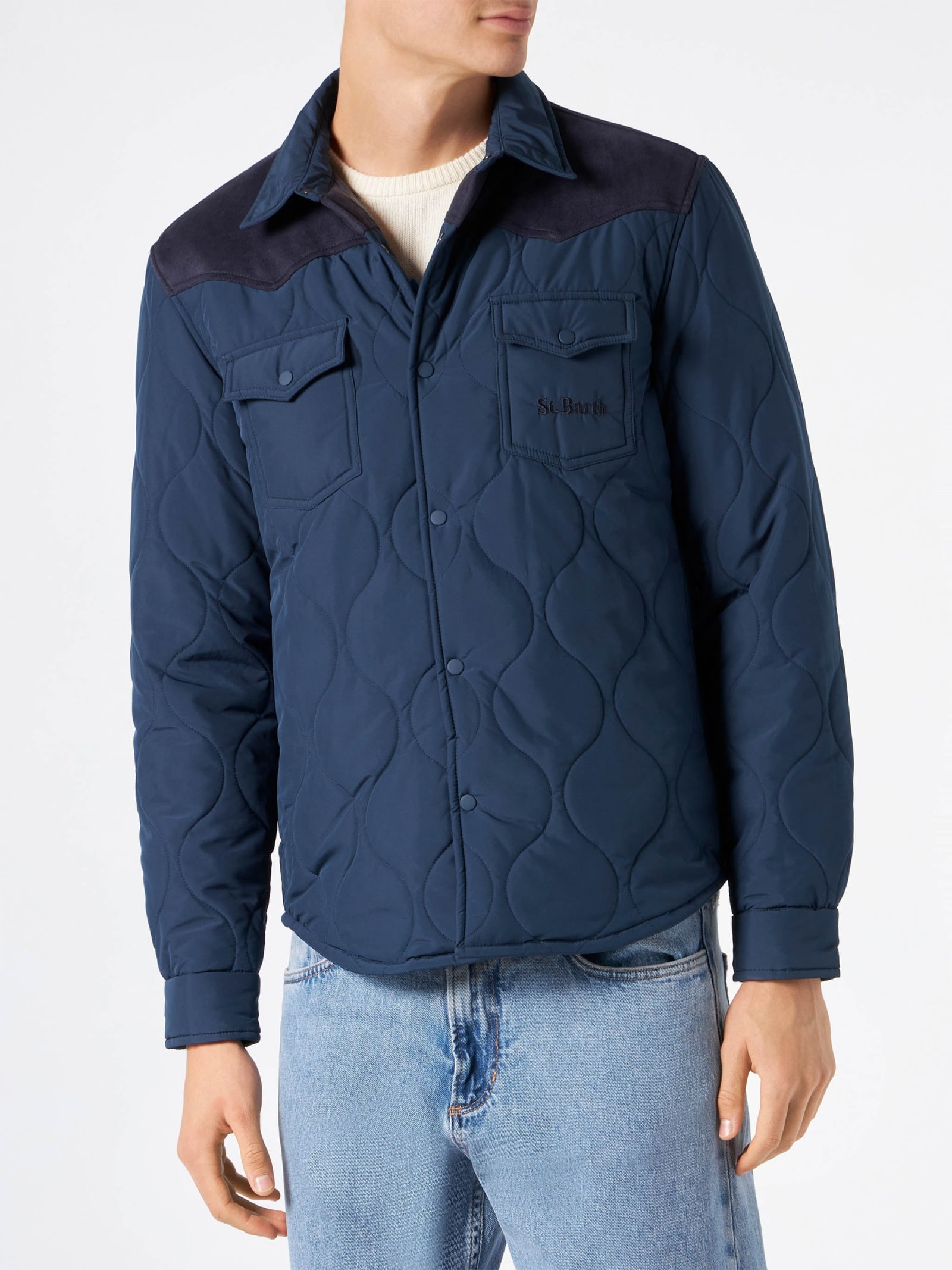 Mc2 Saint Barth Man Navy Blue Padded Overshirt With Patch Pockets In Blue