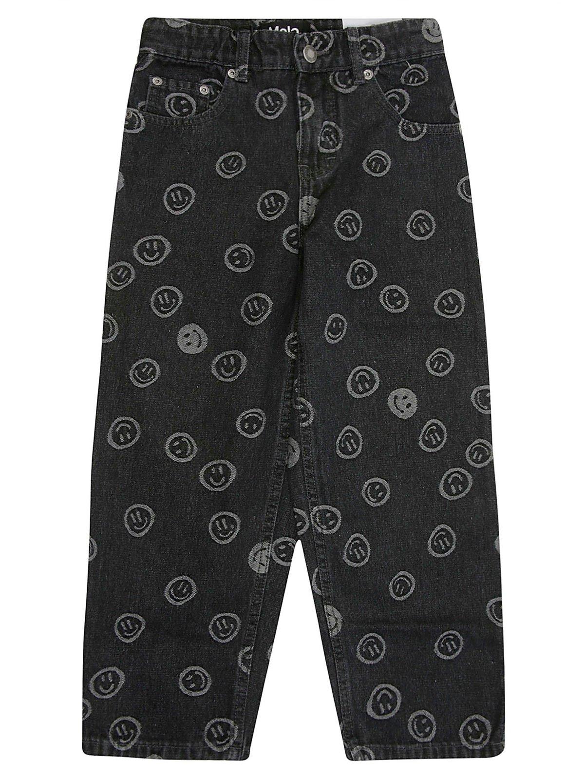 Molo Kids' Aiden Smiley-face Printed Straight-leg Jeans In Nero
