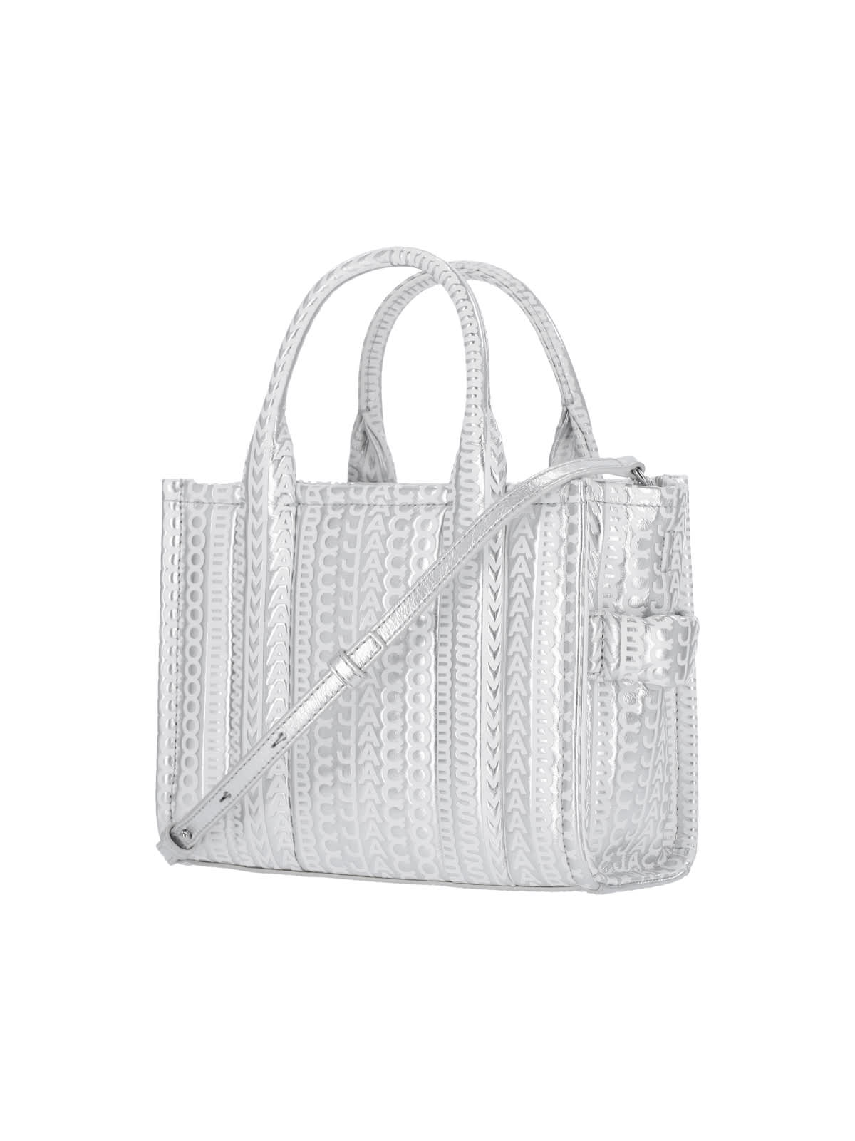 Shop Marc Jacobs Mini Tote Bag The Monogram Metallic In Silver/white