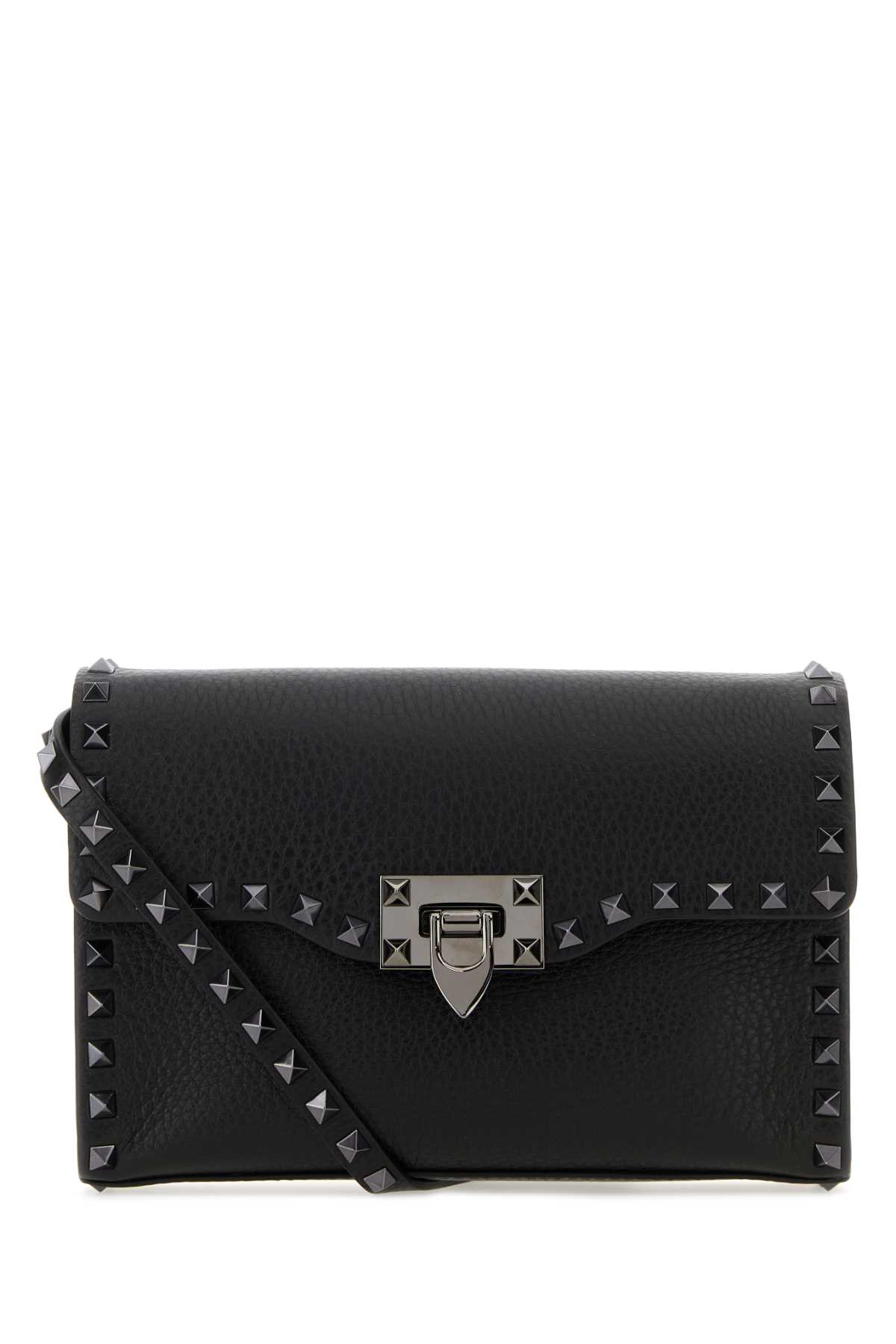 Shop Valentino Black Leather Small Rocketed Crossbody Bag In Nero