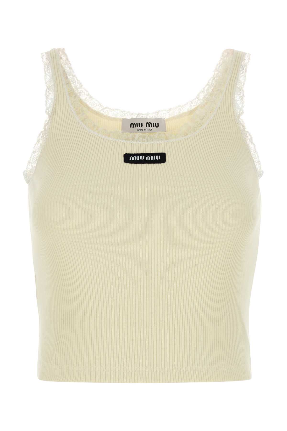 Miu Miu Ribbed Tank Top With Lace Details In White