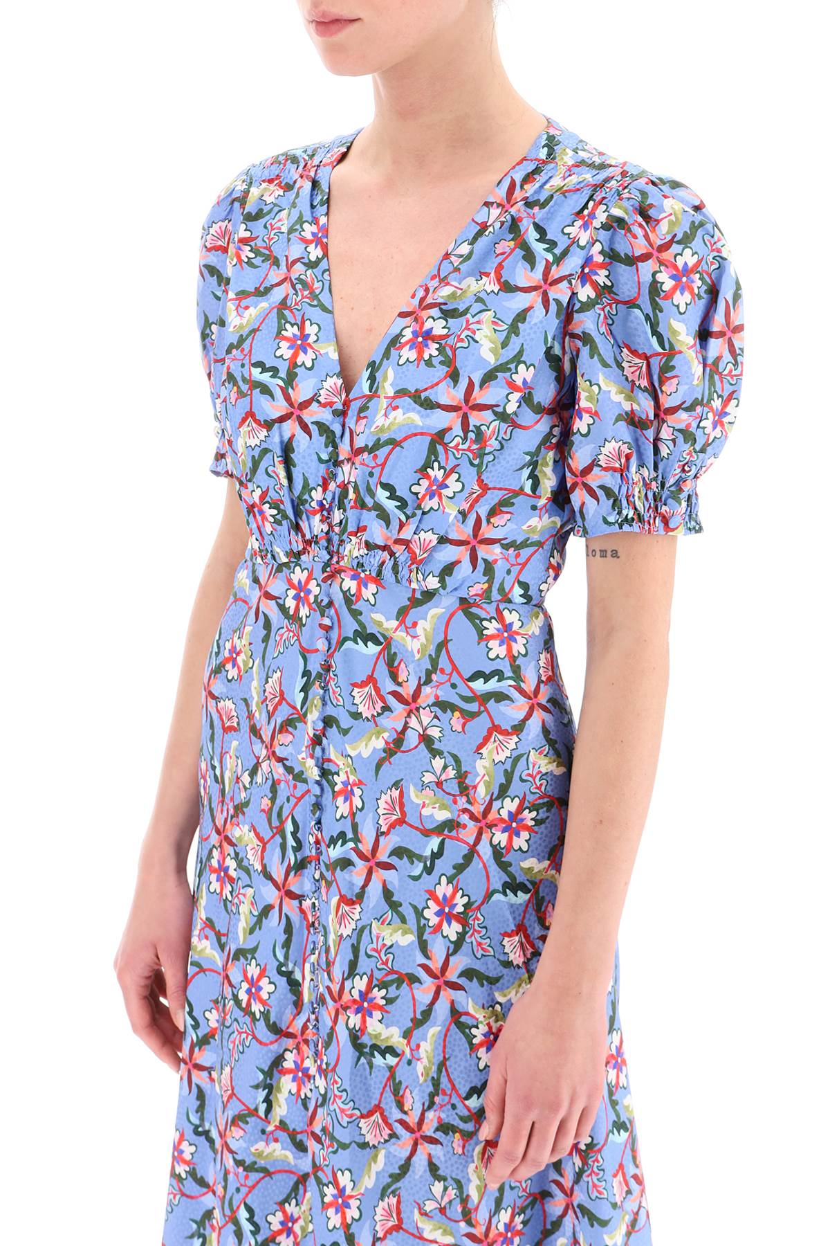 Shop Saloni Lea Long Dress In Printed Silk In Freesia Sky (light Blue)