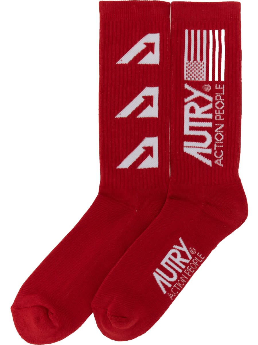 Shop Autry Jaquard Logo Sock In Red