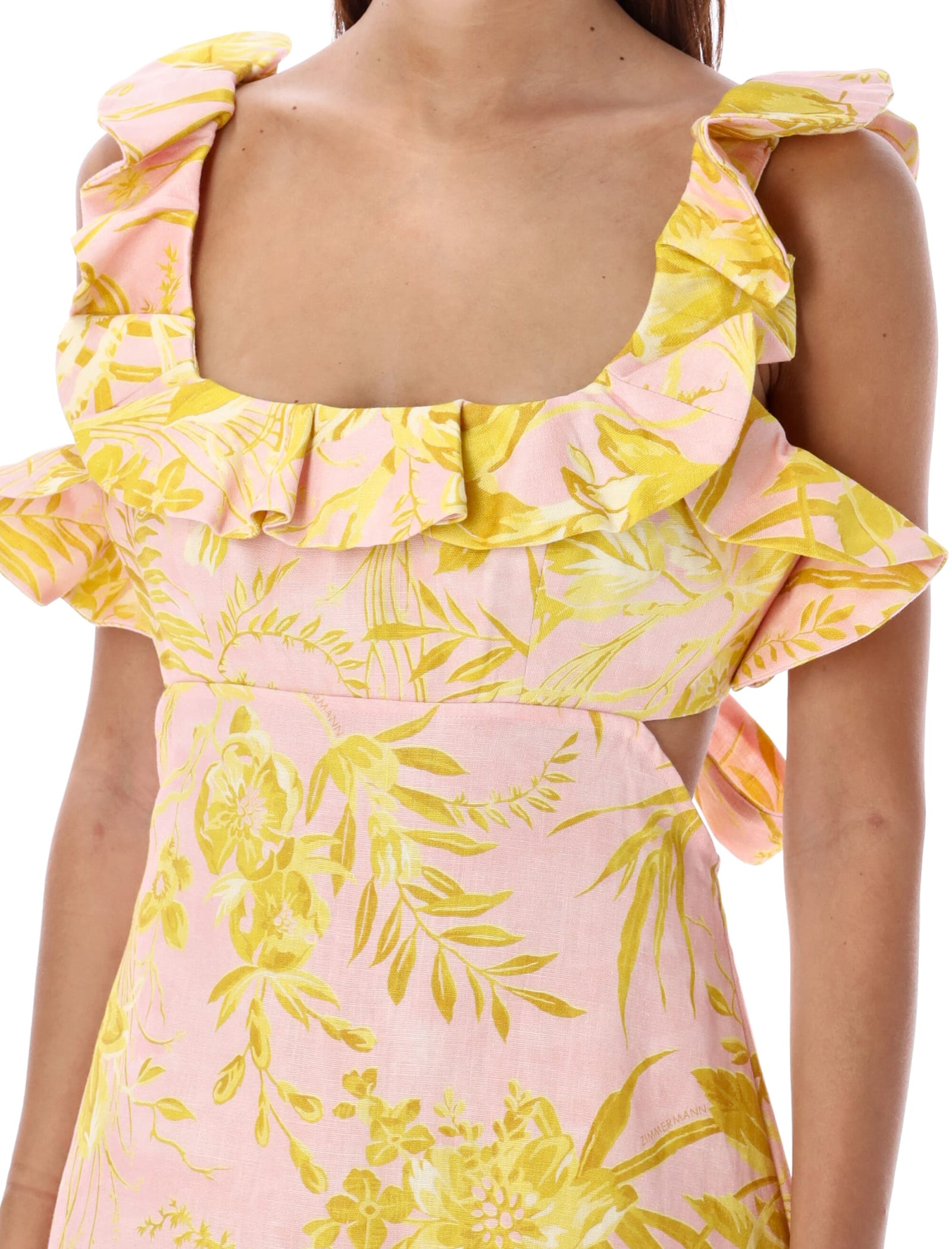 Shop Zimmermann Ruffle Mini Dress In Pink Yellow