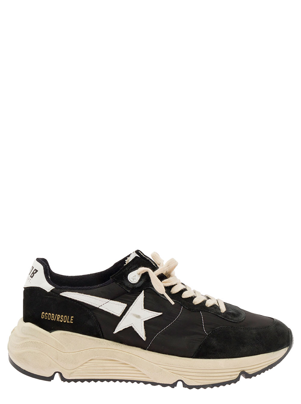 GOLDEN GOOSE RUNNING BLACK LOW TOP SNEAKERS WITH STAR PATCH IN SUEDE AND TECH FABRIC MAN