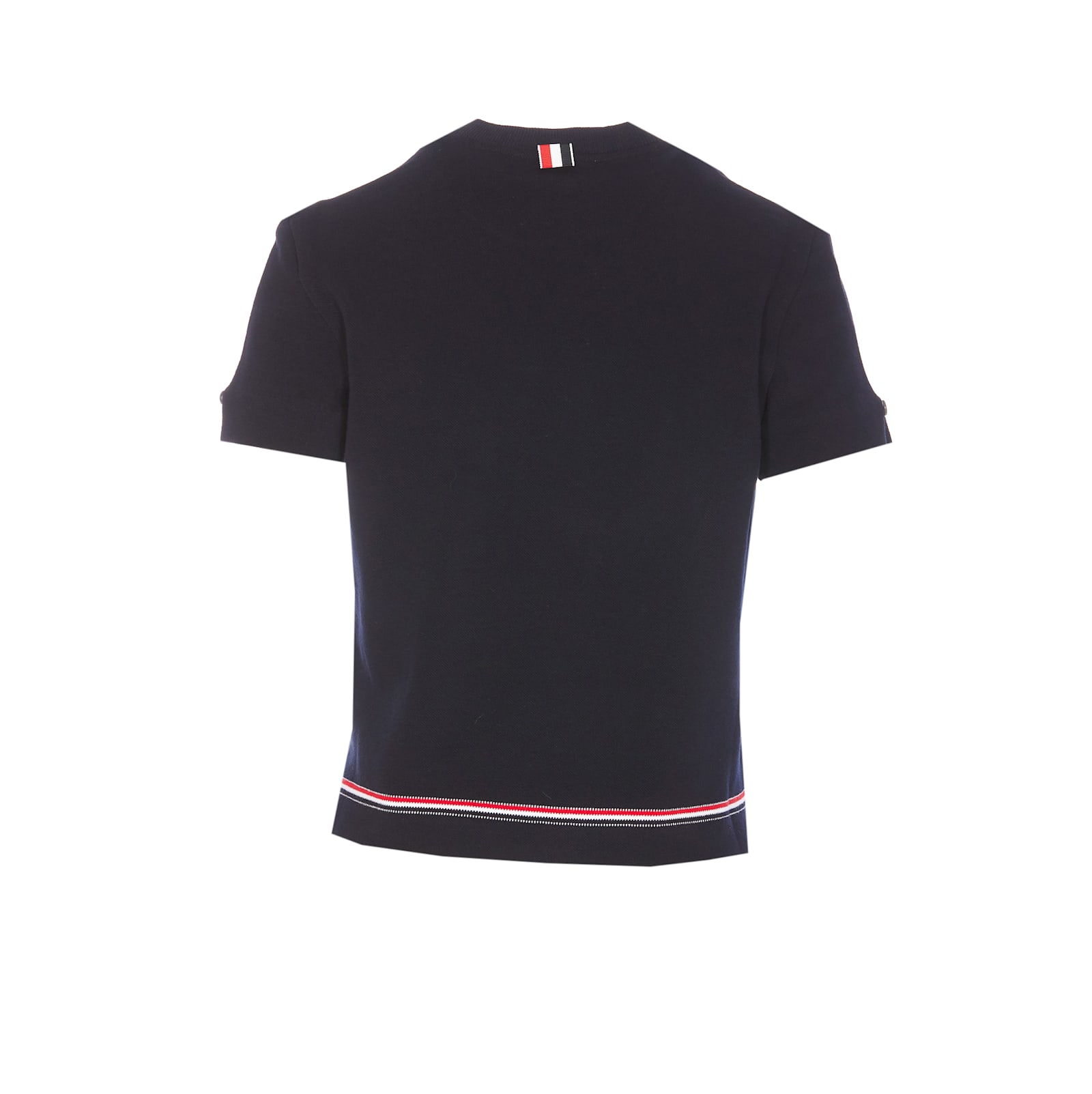 Thom Browne Navy Blue Piqué Cotton T-shirt With Tricolor Stripe In Blue