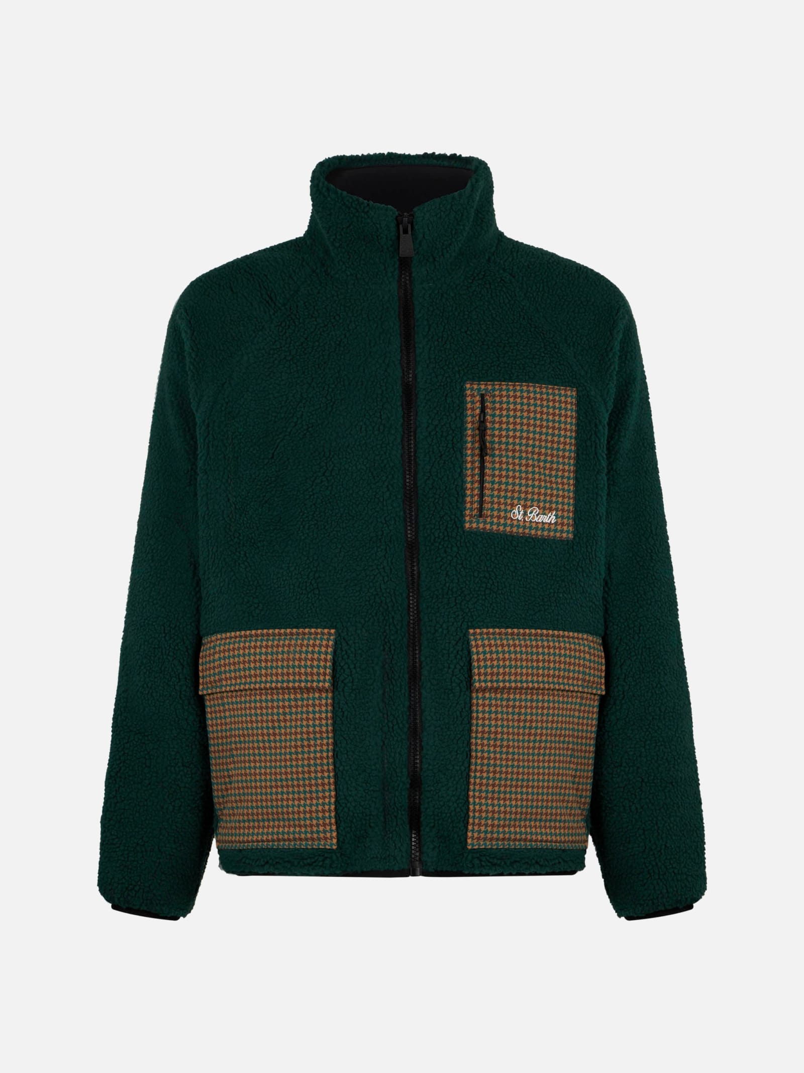 Shop Mc2 Saint Barth Man Green Sherpa Jacket With Check Patch Pockets