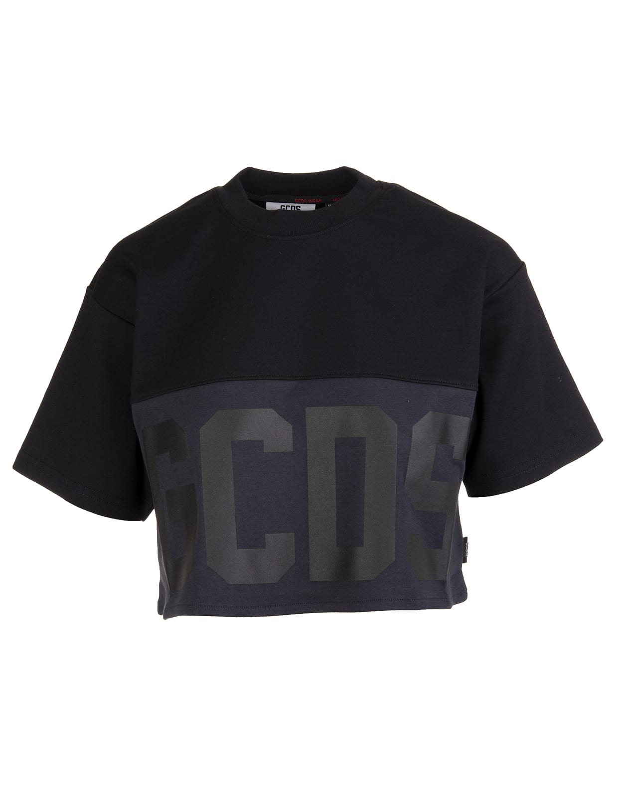 GCDS Woman Black Crop T-shirt With Tone On Tone Logo Band