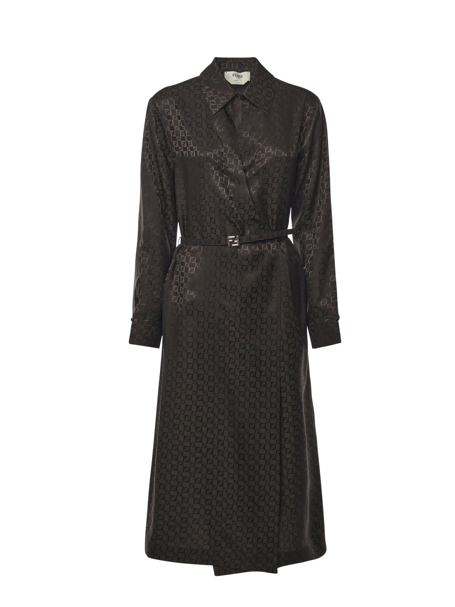 Fendi Silk Chess Ff Long Sleeve Midi Dress Dresses Brown In Black