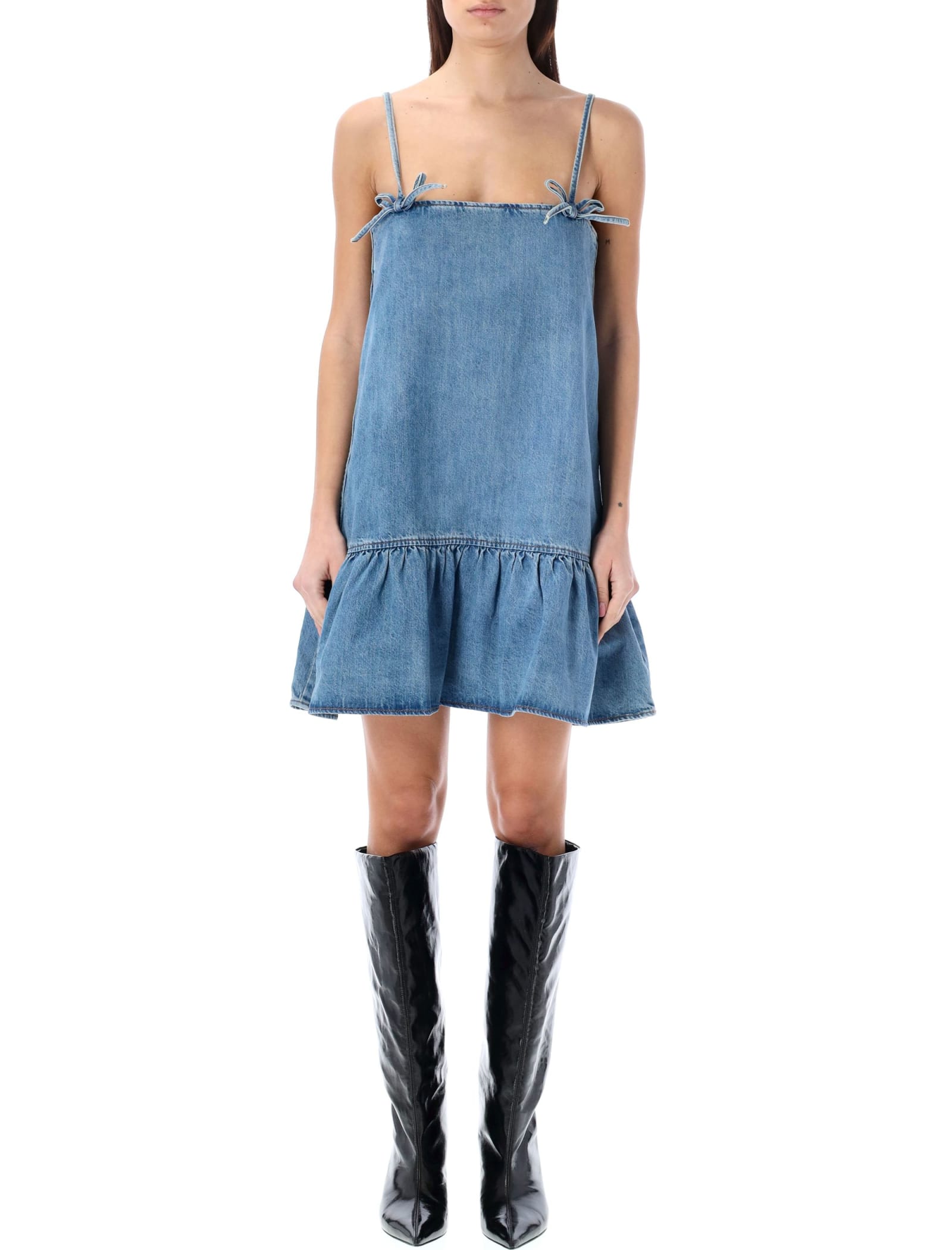 Ganni Tinted Cotton Denim Mini Dress In Blue