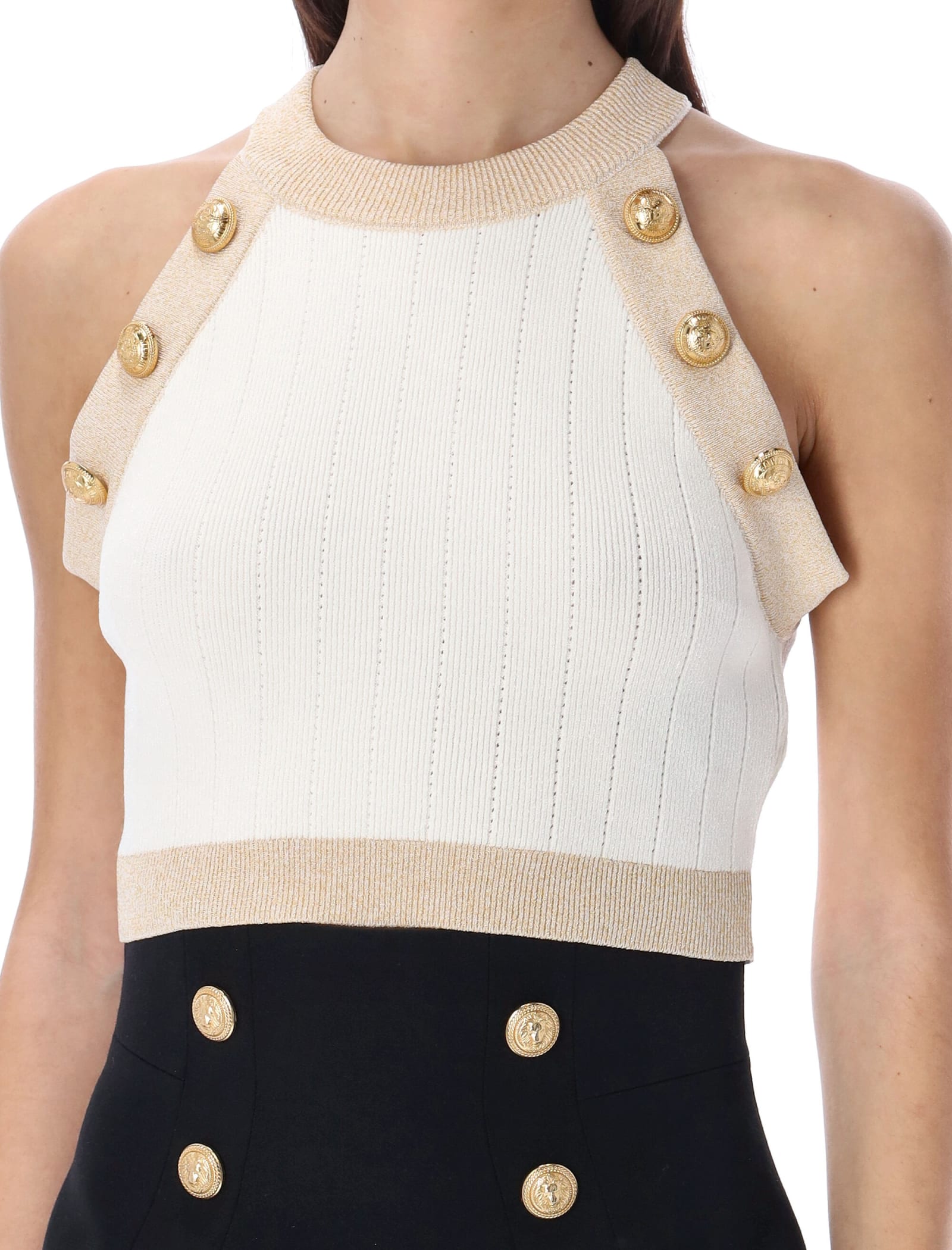 White Knit Crop Top With Gold-tone Buttons