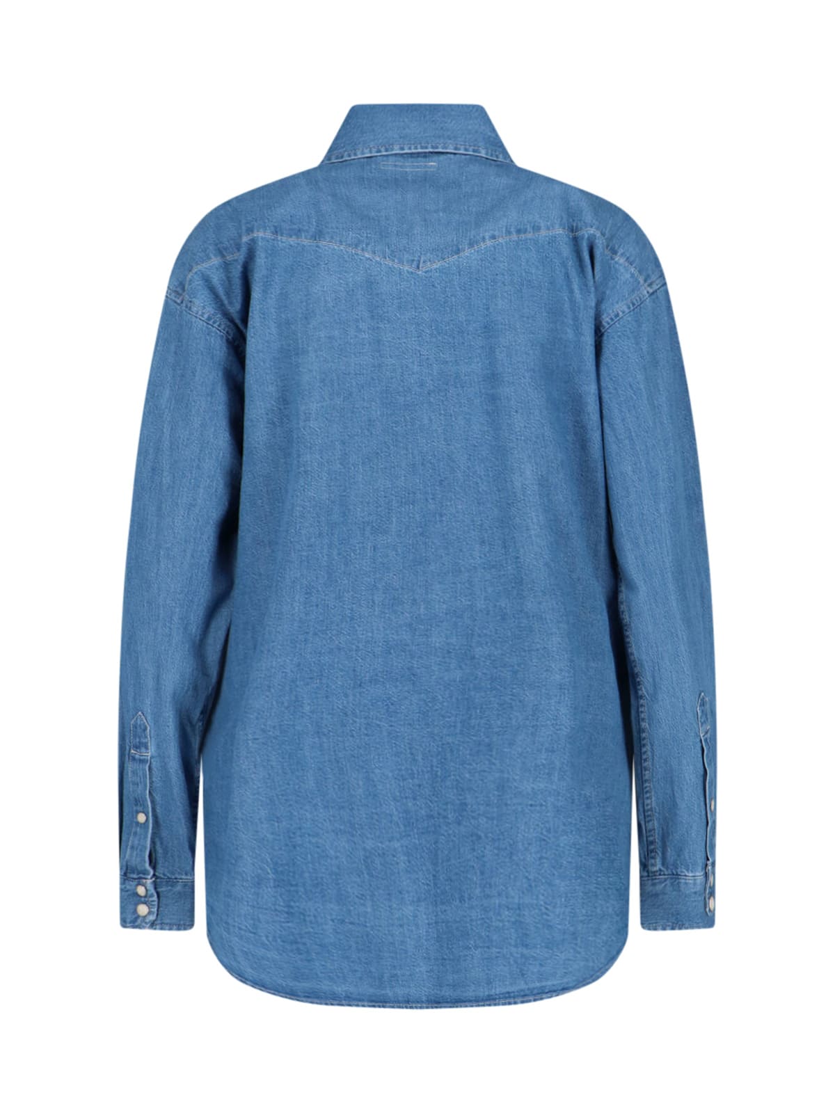 Mother The Western Distressed Denim Overshirt In Blue