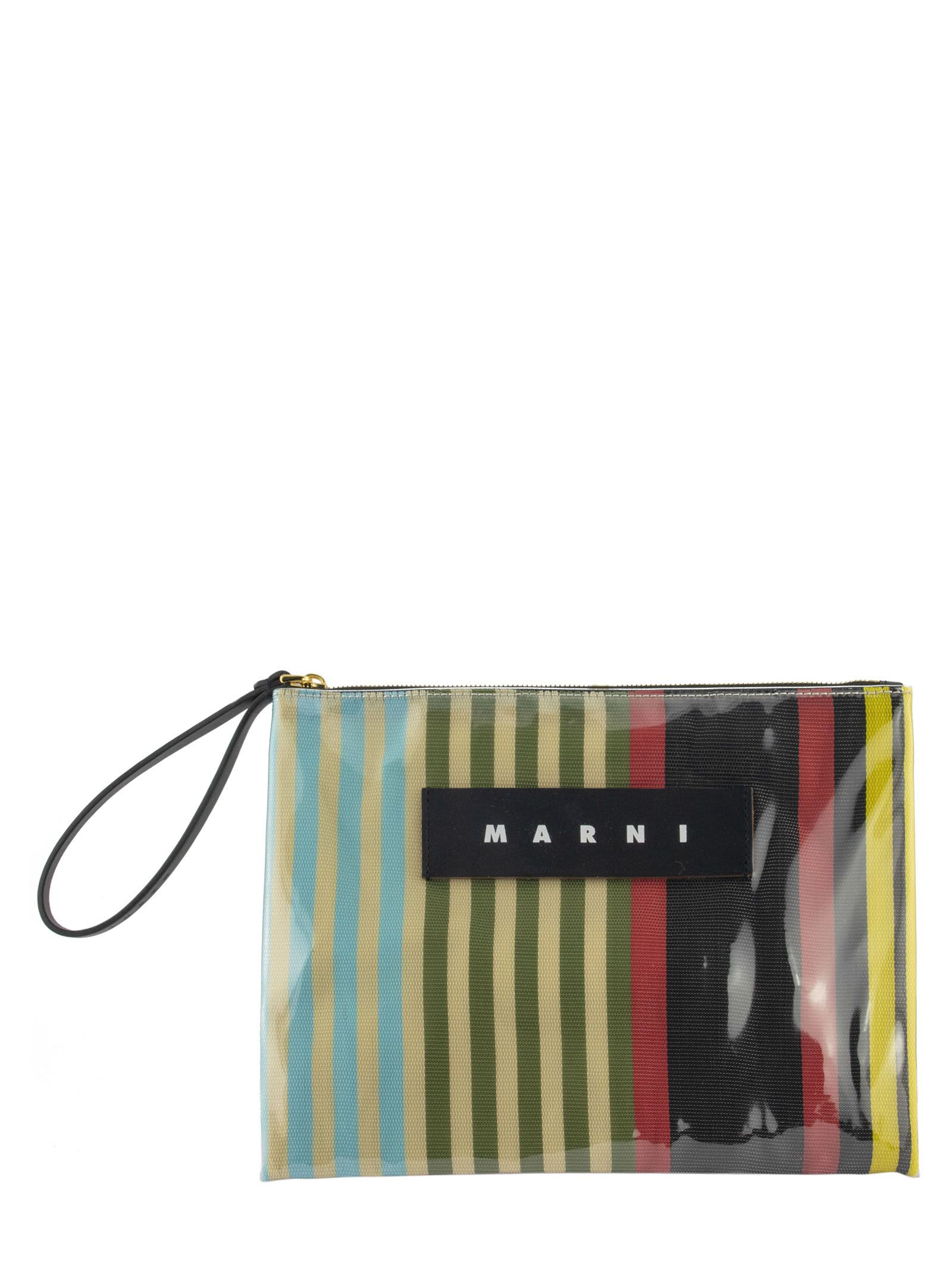 MARNI GLOSSY GRIP CLUTCH IN STRIPED POLYAMIDE YELLOW GREEN AND TURQUOISE,11219759
