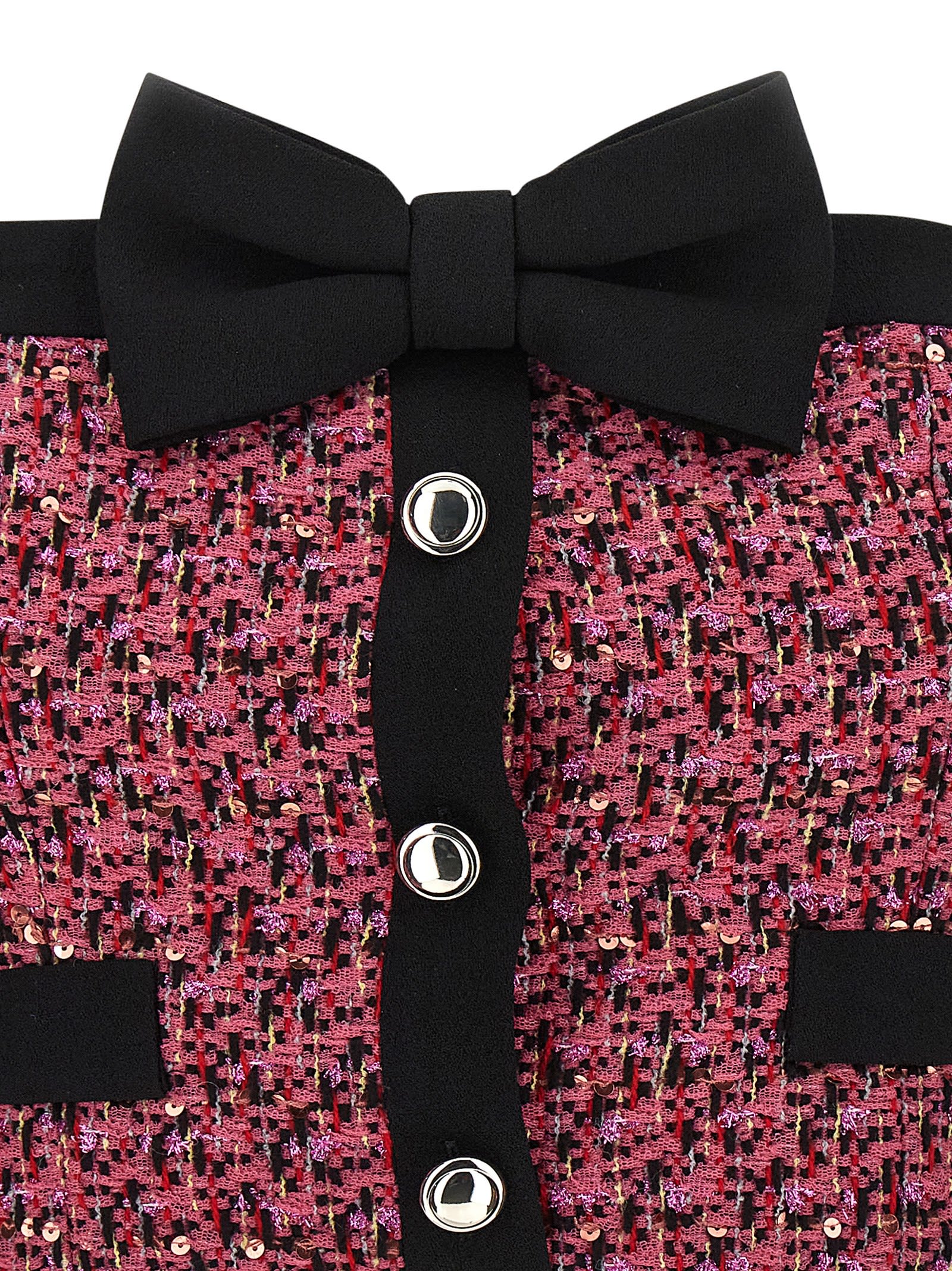 Alessandra Rich Wool Blend Tweed Top With Micro-sequin Embroidery And Bow Detail In Pink