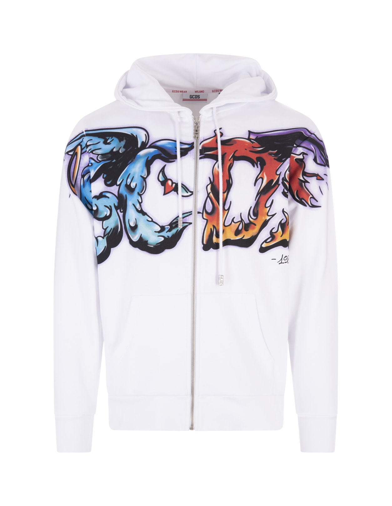 Man White Zipped Hoodie With Multicolored Gcds Maxi Graphic Print
