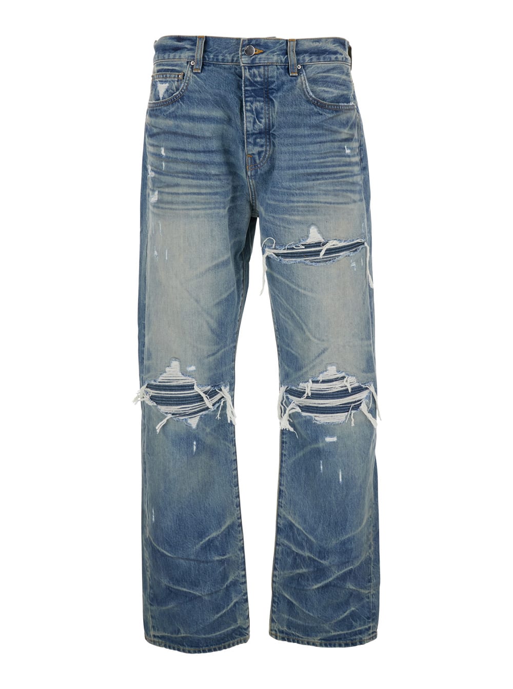 Amiri Men Blue Jeans With Ripped Details On The Front And Logo Patch On The Rear In Denim Man In Blue