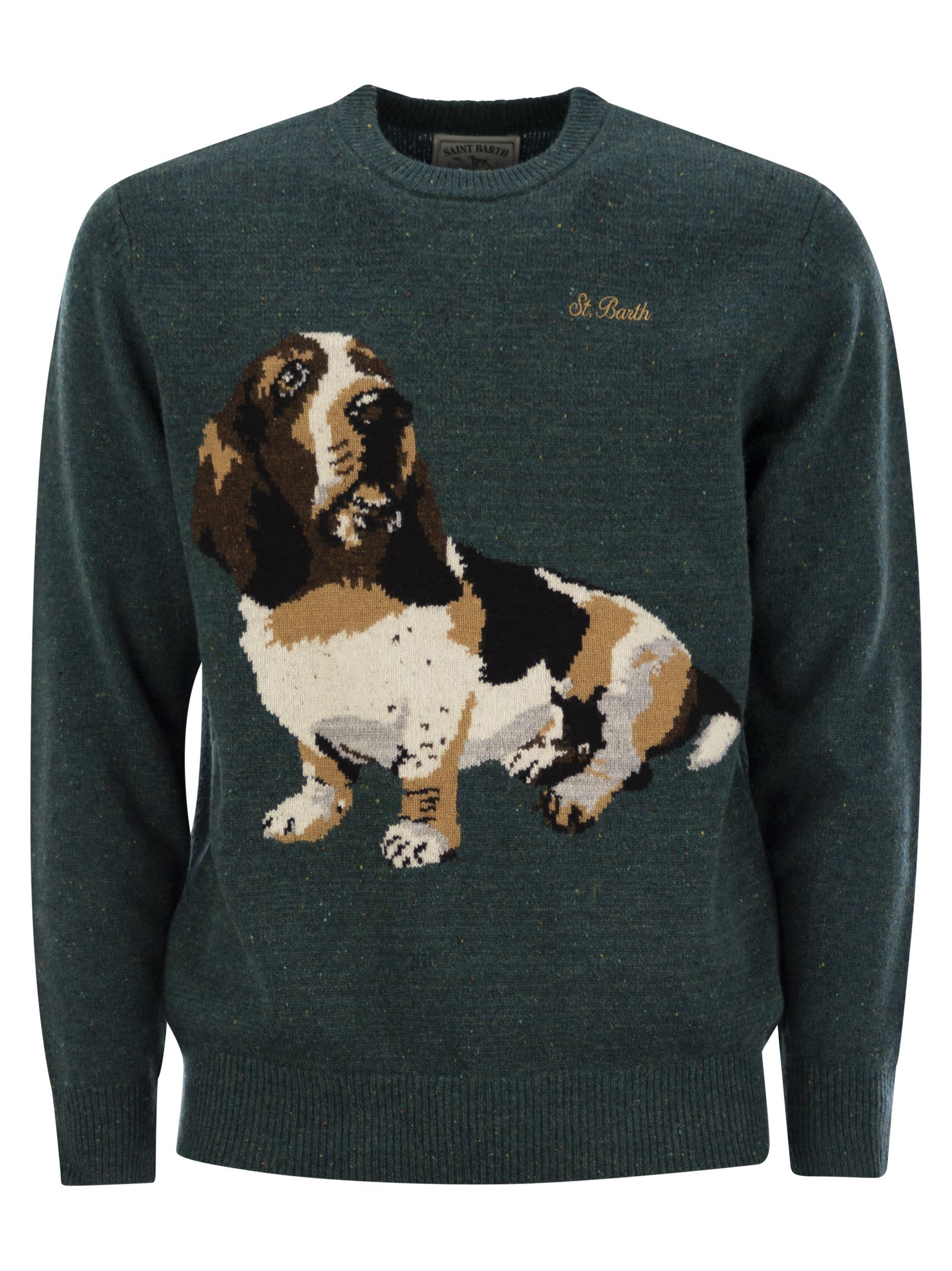 Mc2 Saint Barth Green Wool Sweater With Basset Hound Print In Green