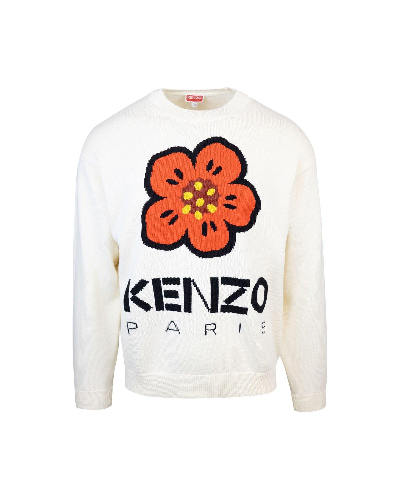 Shop Kenzo Boke Flower Logo Intarsia Crewneck Jumper  In Cream