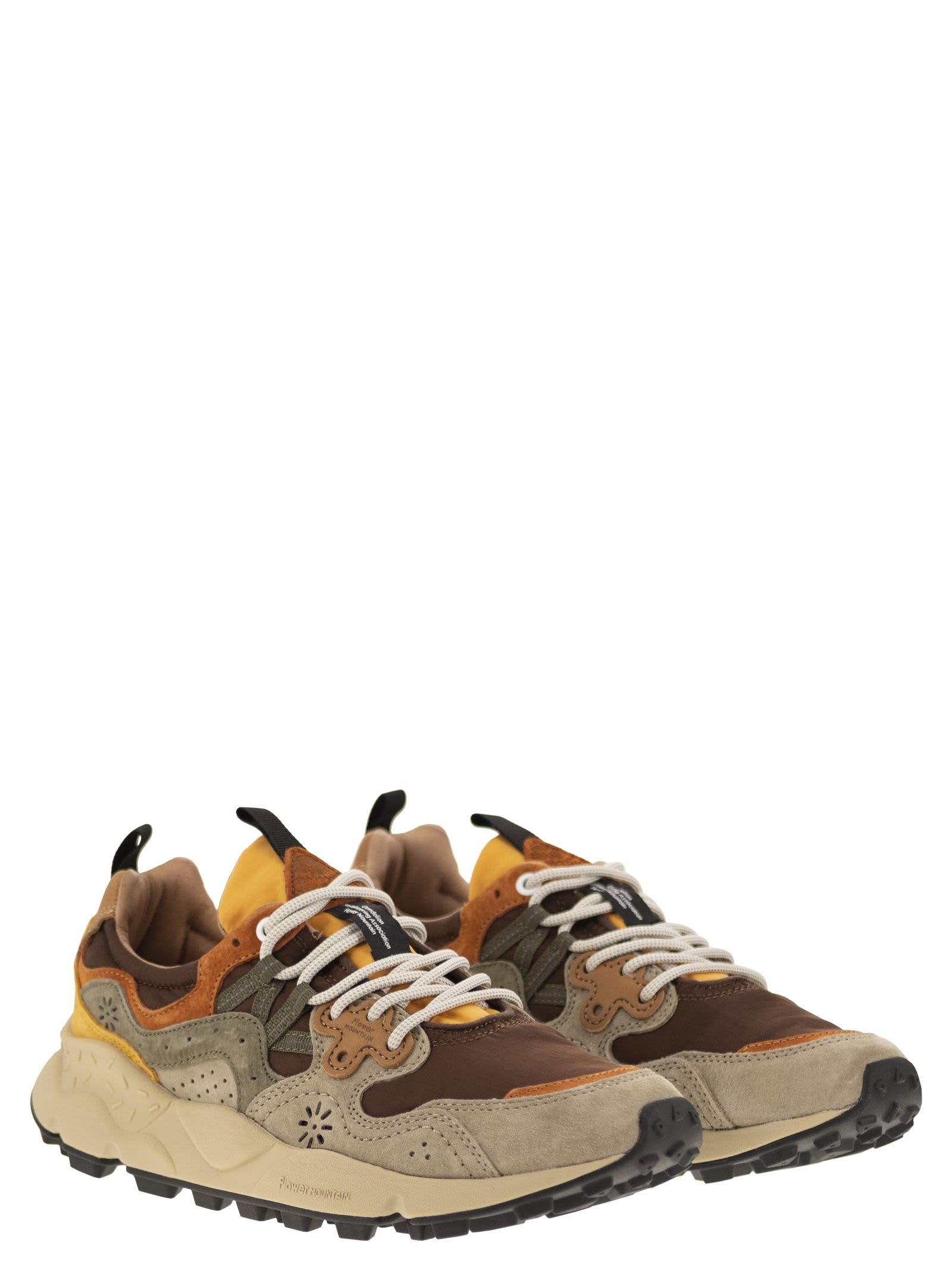 Shop Flower Mountain Yamano 3 - Sneakers In Suede And Technical Fabric In Brown/sand