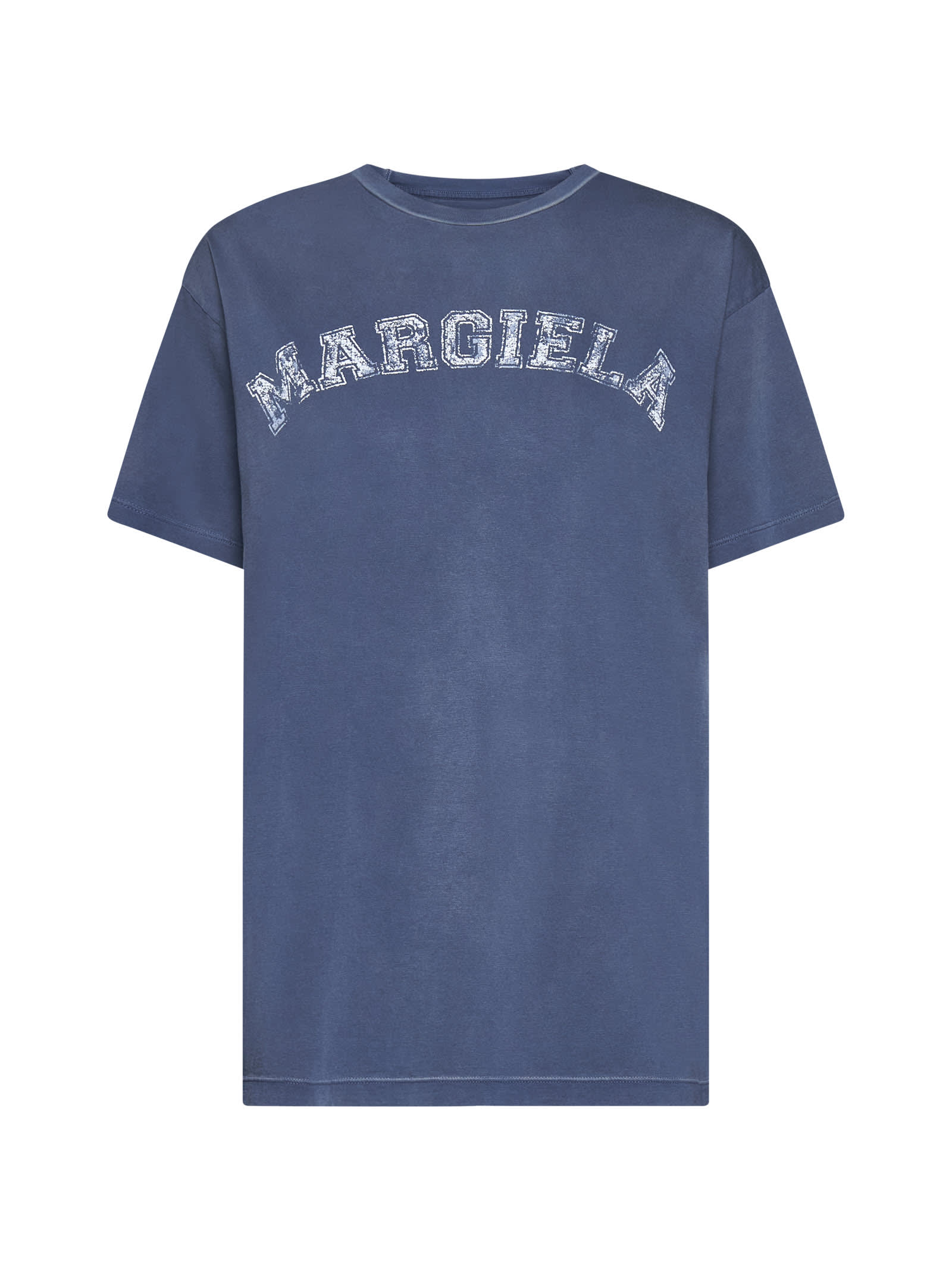 Maison Margiela Blue Crewneck T-shirt With Logo Lettering Print In Cotton Woman In 469