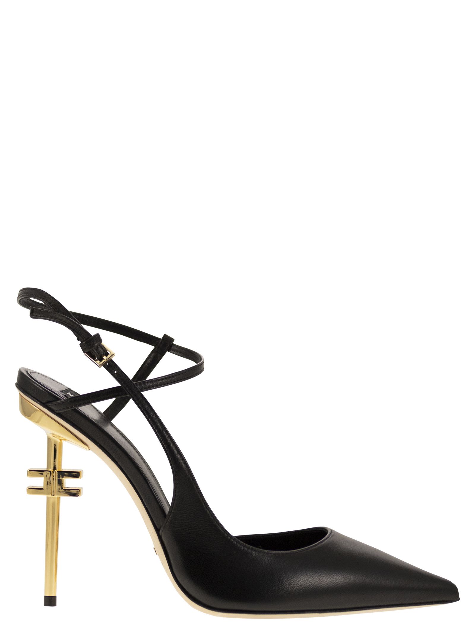 Shop Elisabetta Franchi Leather Slingback With Logo Heel In Nero