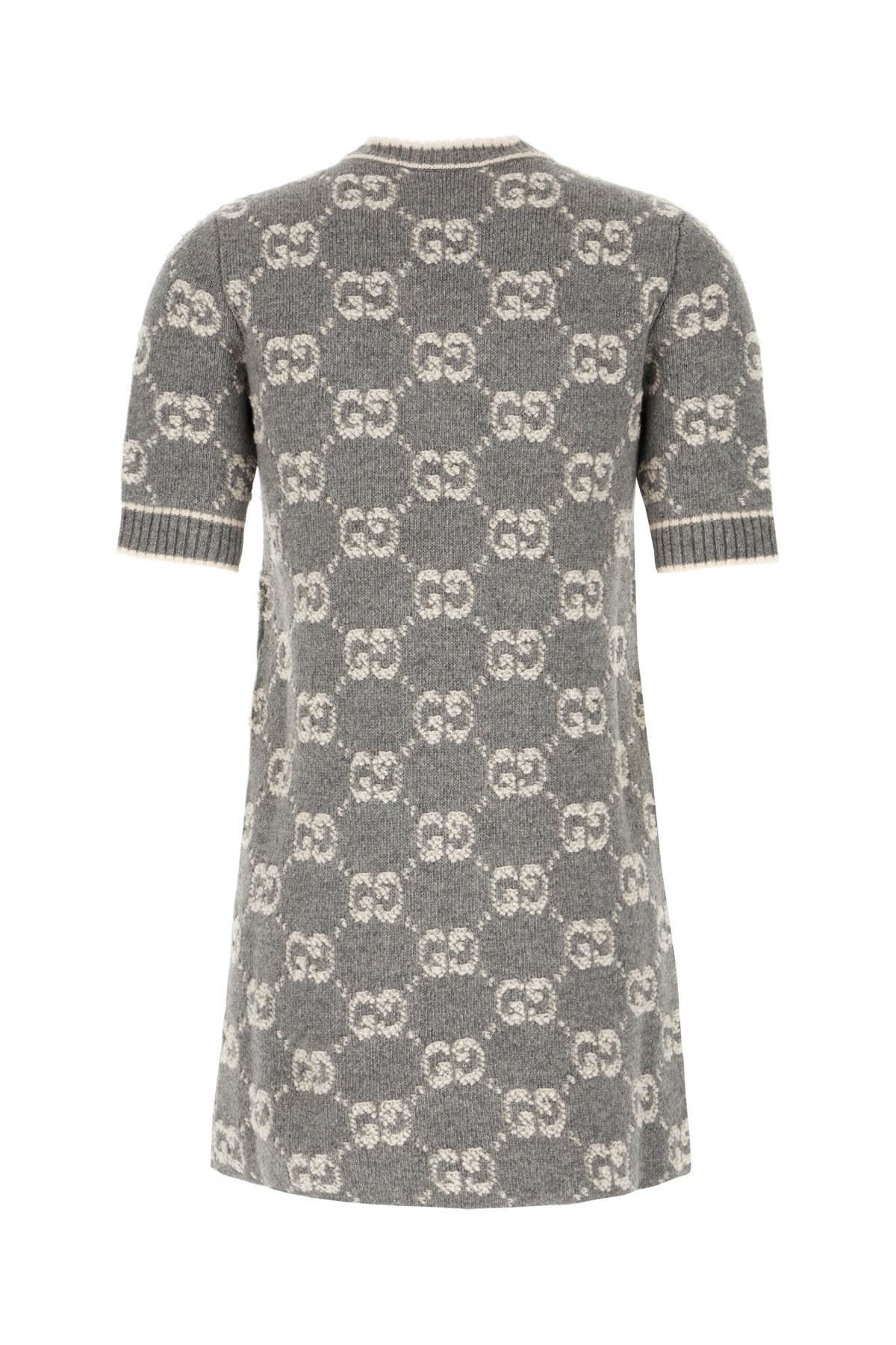 Shop Gucci Embroidered Wool Dress In Grey Ivory