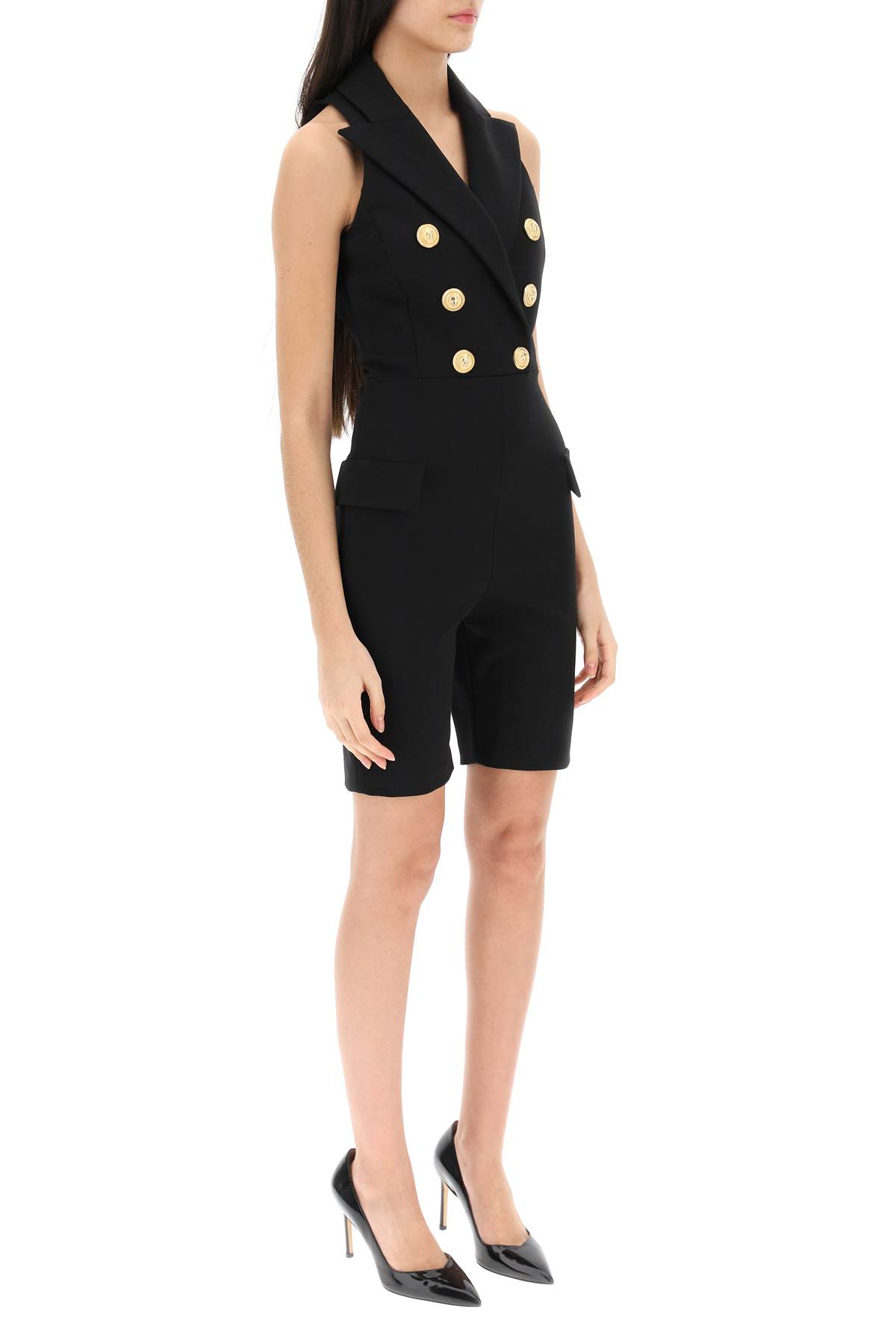 Balmain Button-embellished Stretch Cotton-blend Playsuit In Black