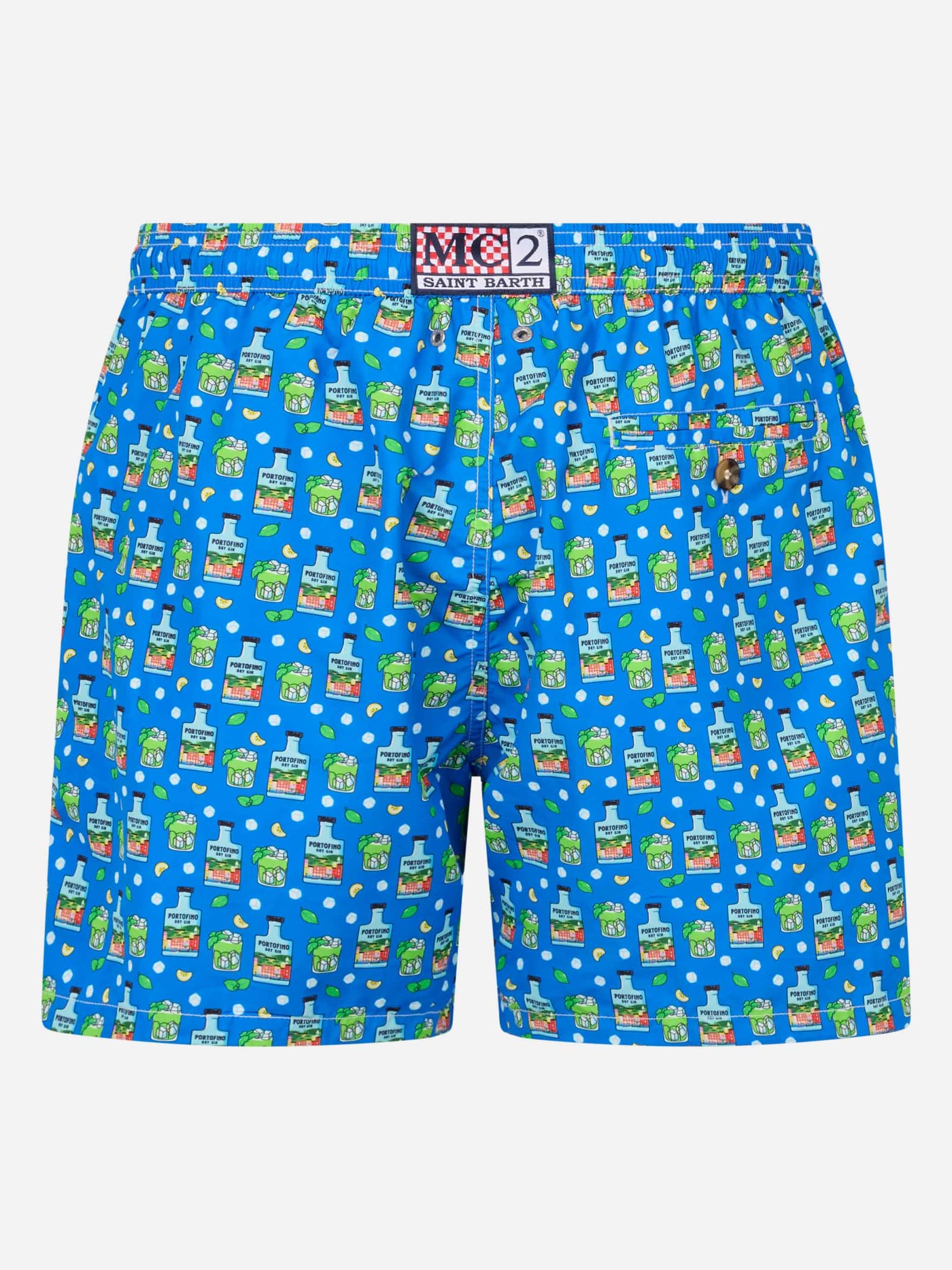 Mc2 Saint Barth Man Lightweight Fabric Swim-shorts Lighting Micro Fantasy With Paloma Portofino Gin Print Portofino In Sky