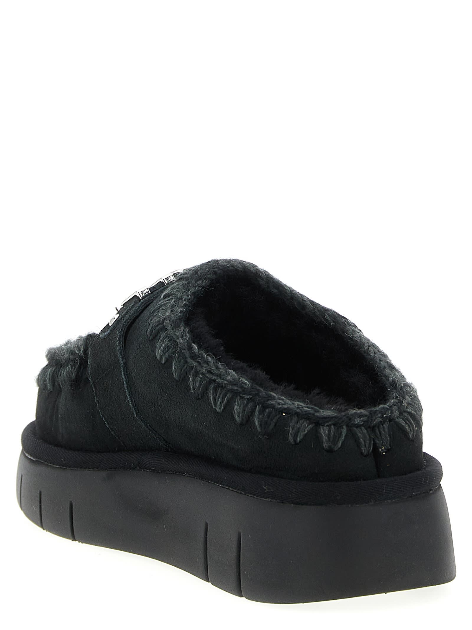 Mou Bounce Black Mules With Logo Lettering And Open Rear In Suede Woman In Black