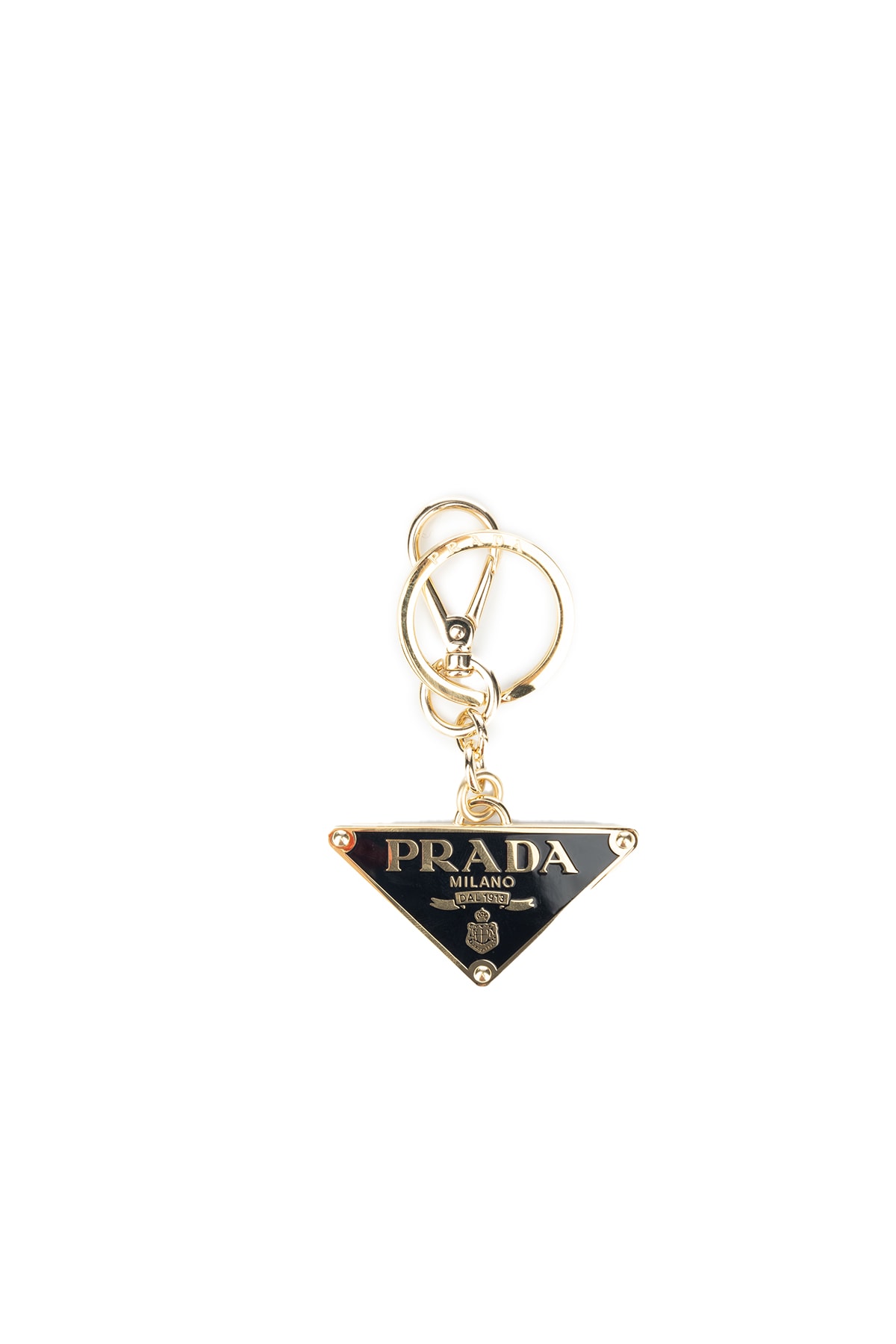 Prada Women Portachiavi Logo Triangolo Saffiano In Nero Oro