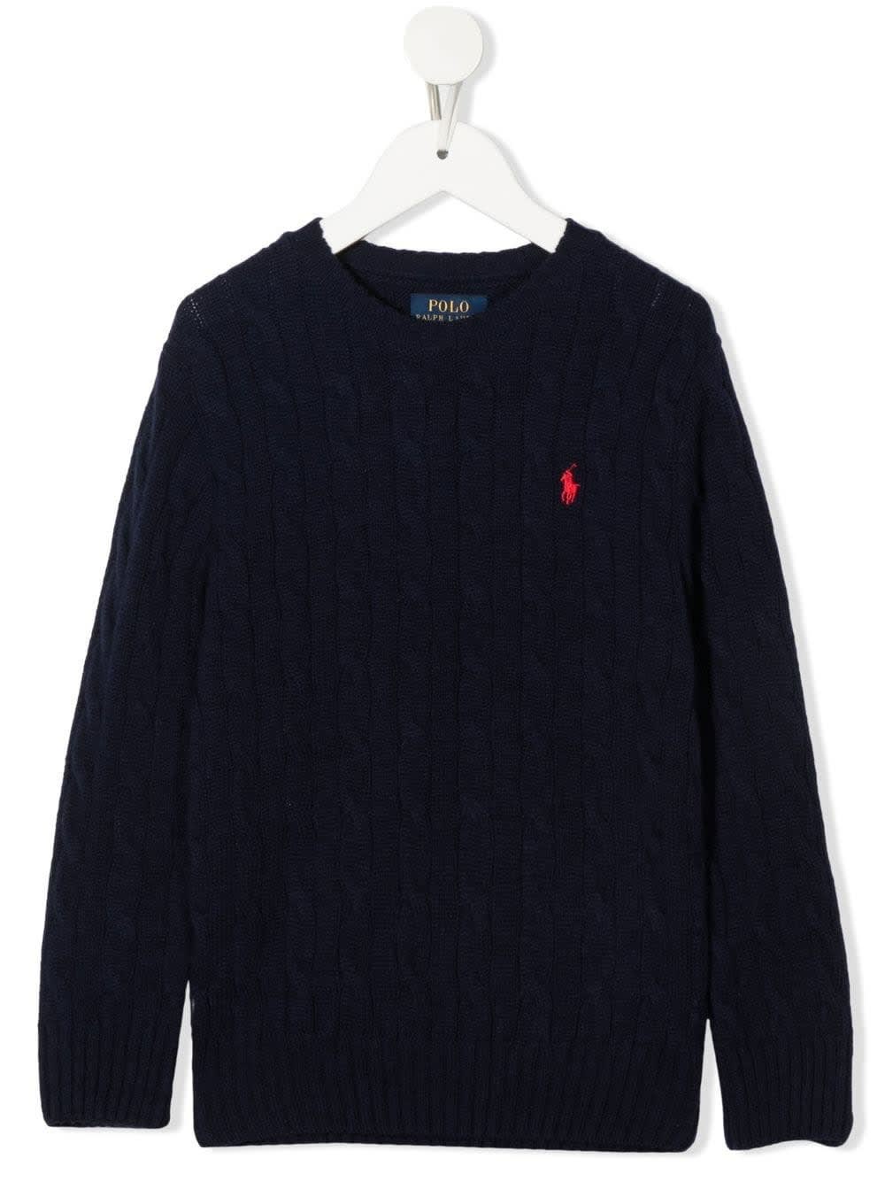 Ralph Lauren Kids Navy Blue Cable Knit Sweater With Red Pony