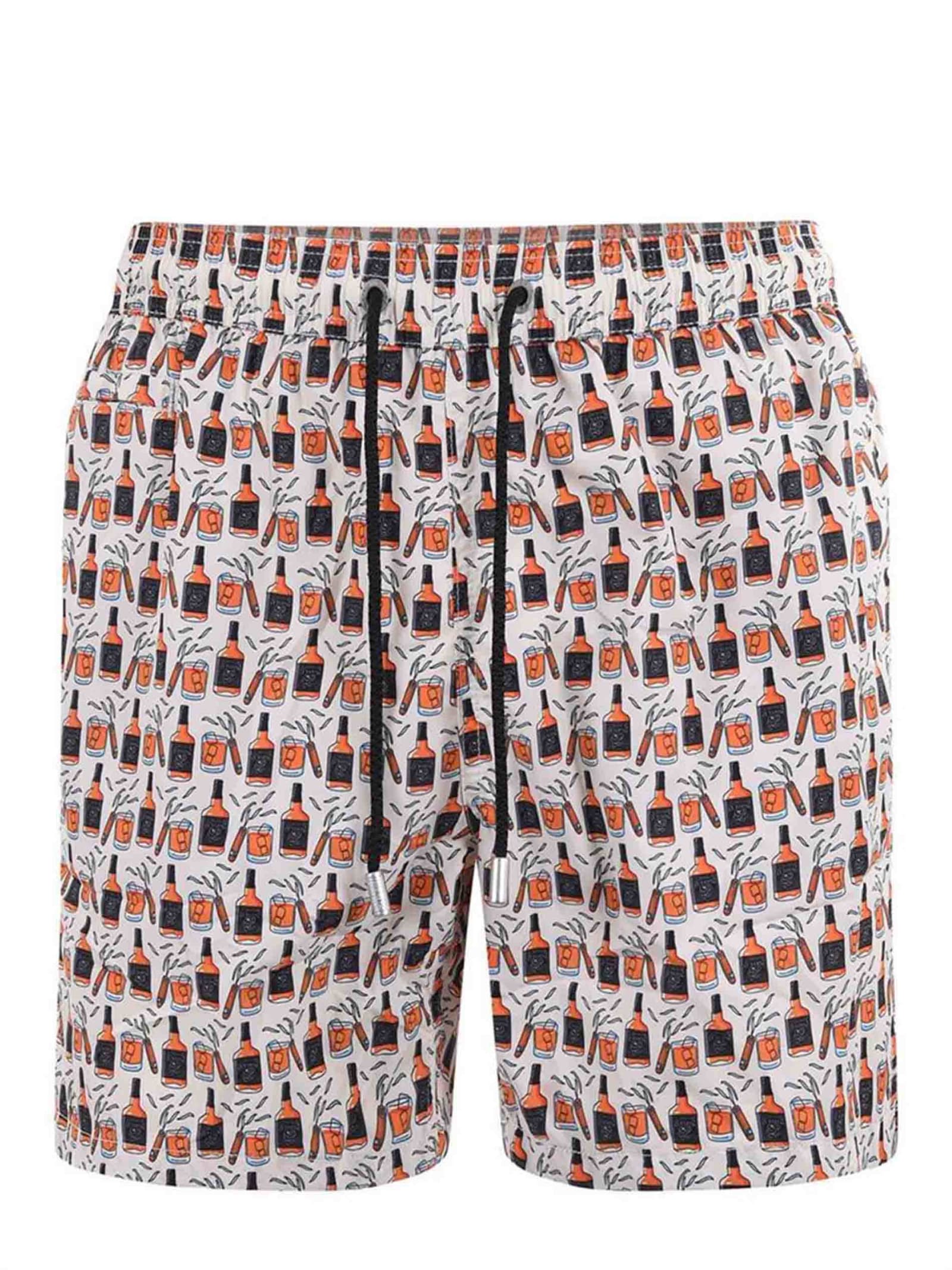 Mc2 Saint Barth Man Lightweight Fabric Swim-shorts Lighting Micro Fantasy With Whisky And Cigars Print In Ecru/arancio