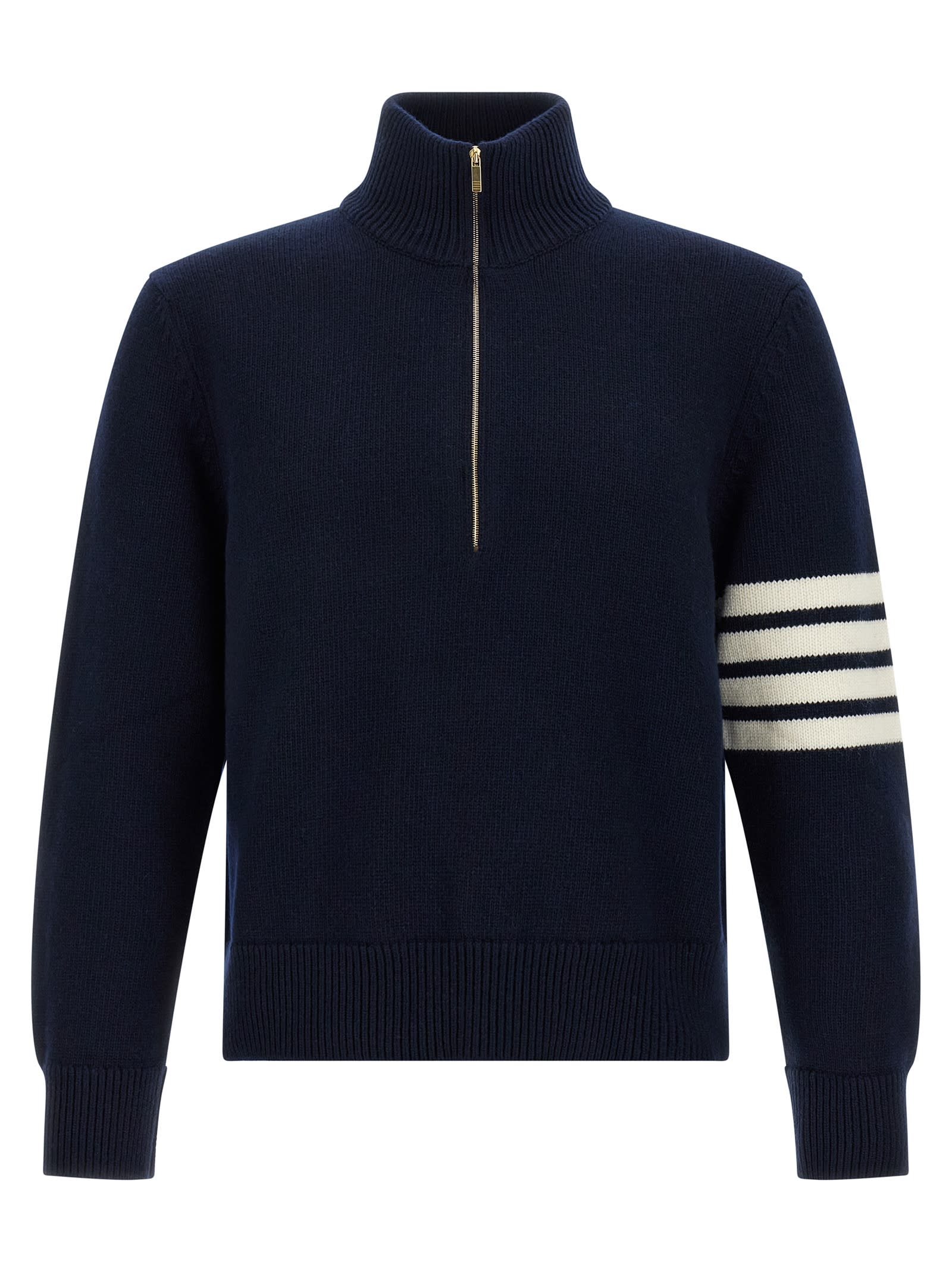 Thom Browne Jersey Stitch Funnel Neck Half Zip Pullover In Merino Wool With 4 Bar Stripe Clothing In Blue