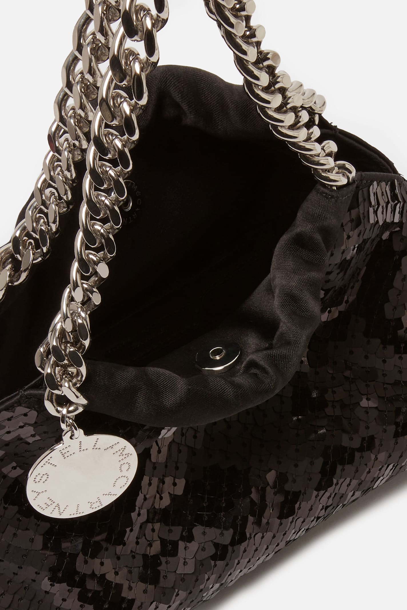 Stella Mccartney Falabella Mini Drawstring Bag Pixel Snake Sequins Embroidery In Black