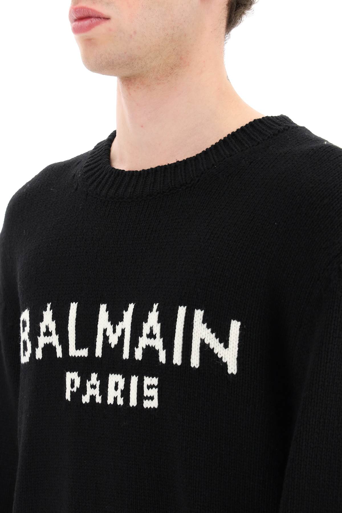 Shop Balmain Jacquard Logo Sweater In Noir Blanc (black)