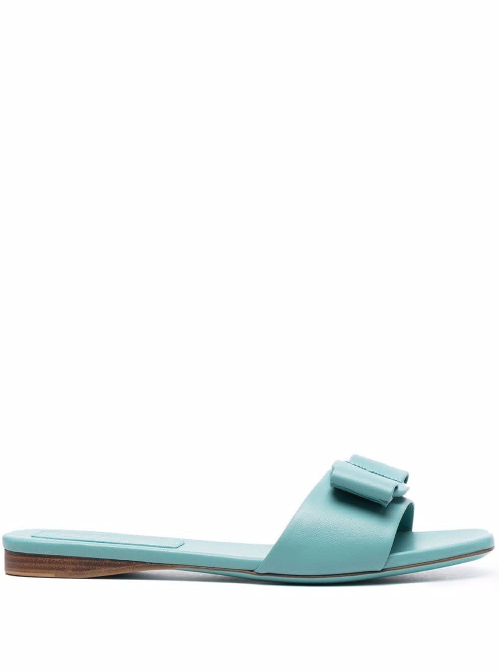 Salvatore Ferragamo Womans Vicky Flat Light Blue Leather Mules With Bow