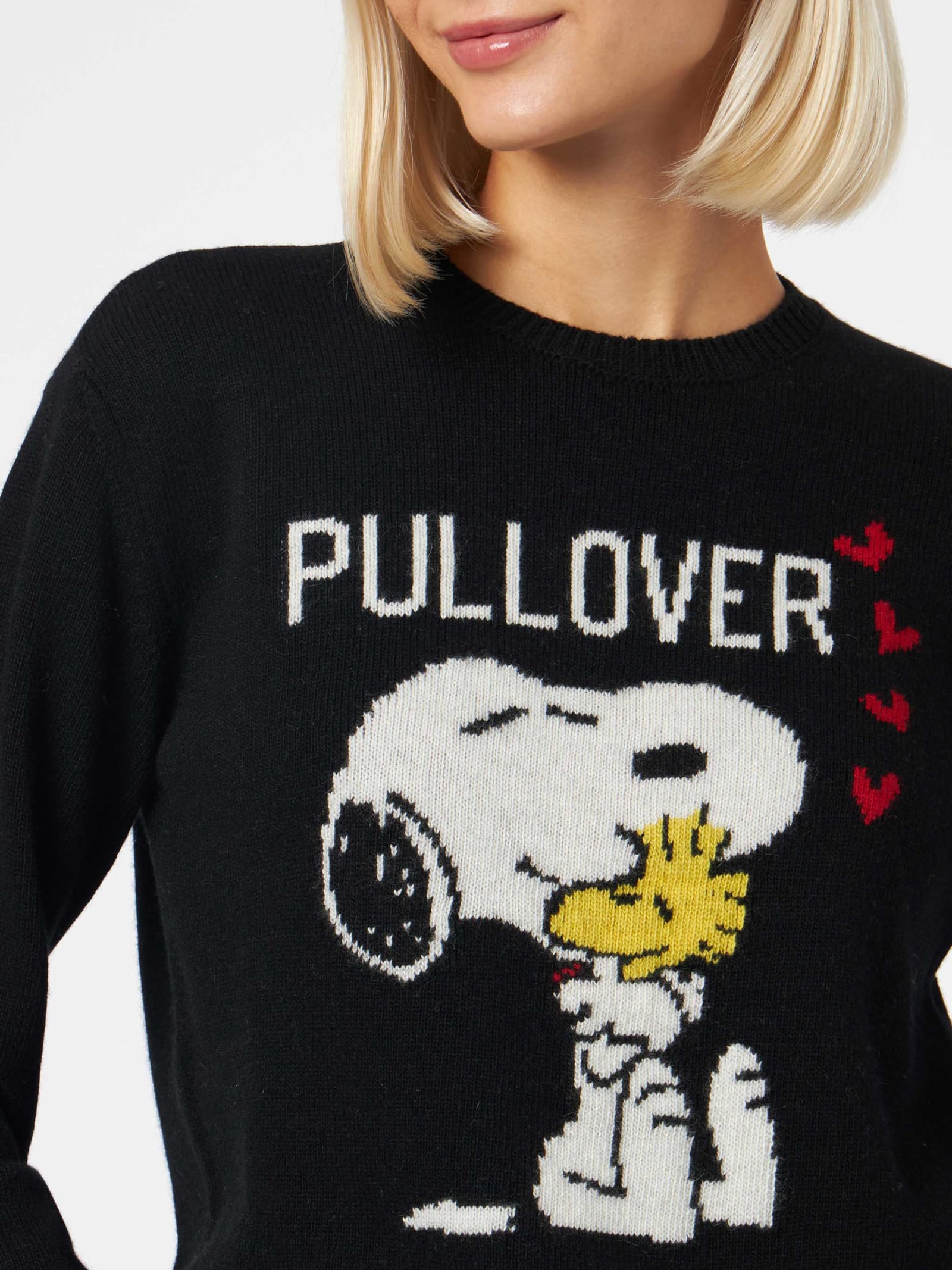 Shop Mc2 Saint Barth Woman Crewneck Black Sweater With Snoopy And Woodstock Print Snoopy Peanuts Special Edition