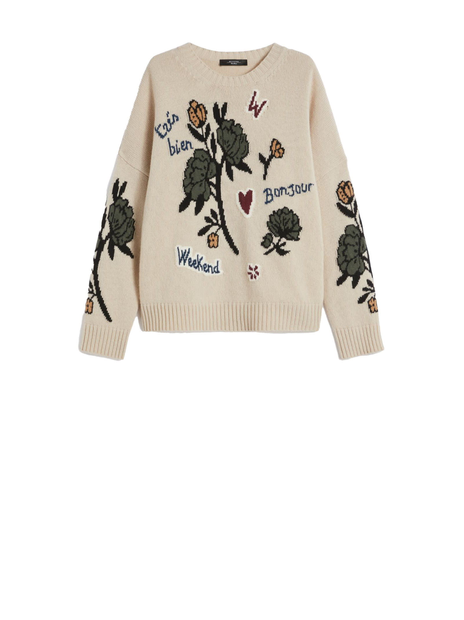 Weekend Max Mara Pavidi Floral-embroidered Wool Sweater In Neutral